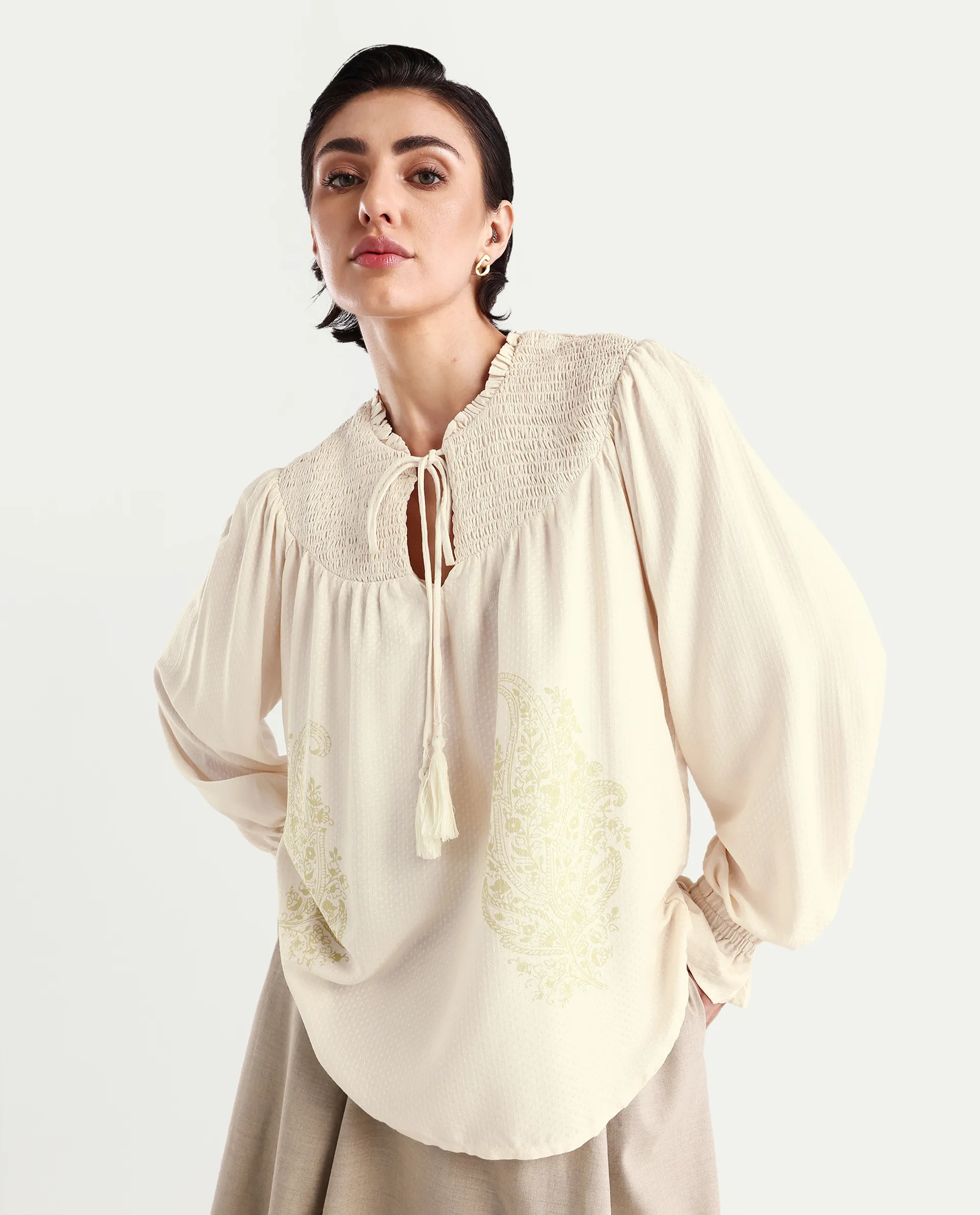 Rareism Women's Ronavi-T Beige Viscose Ruffled Neck Paisley Print Raglan Sleeve Relaxed Fit Top