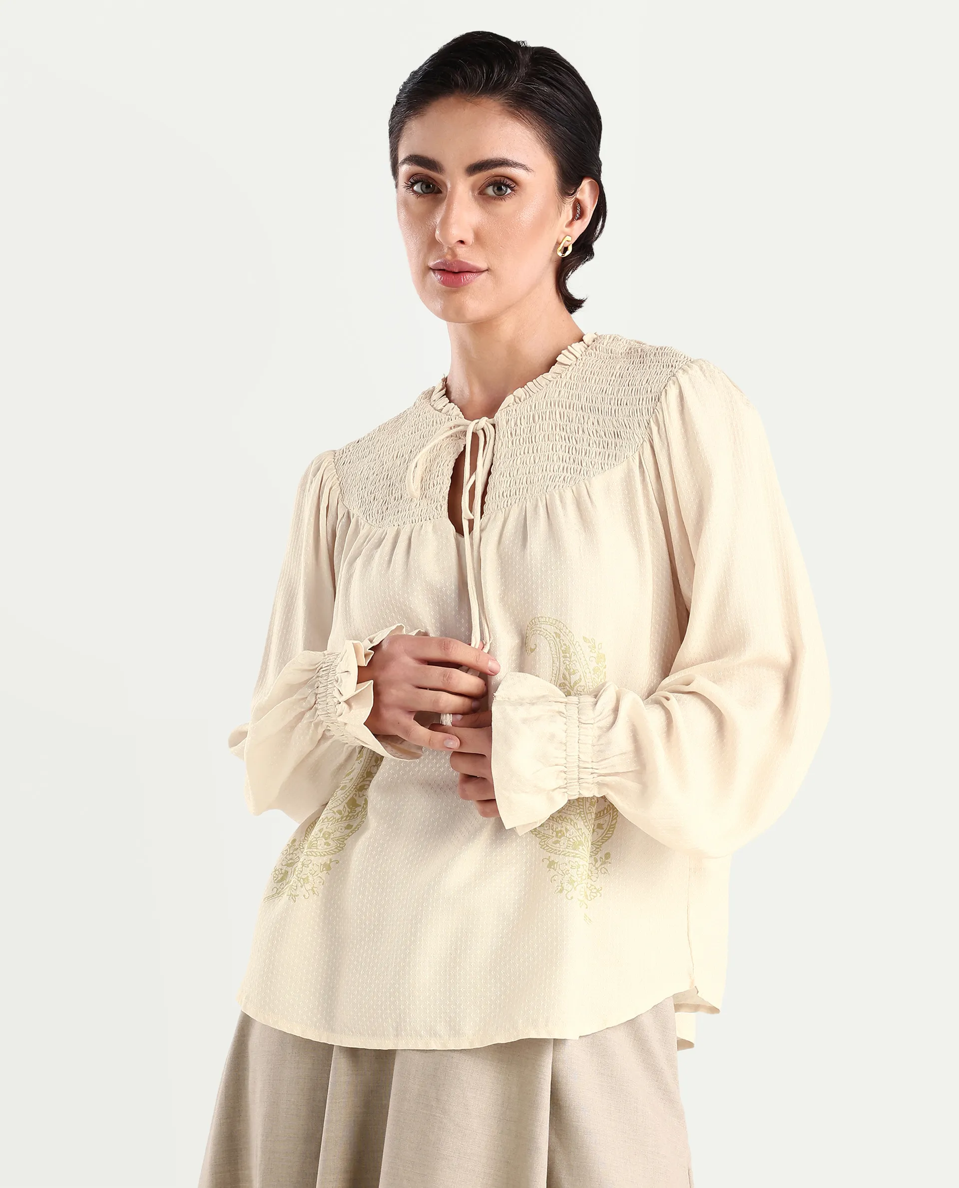 Rareism Women's Ronavi-T Beige Viscose Ruffled Neck Paisley Print Raglan Sleeve Relaxed Fit Top - Image 3