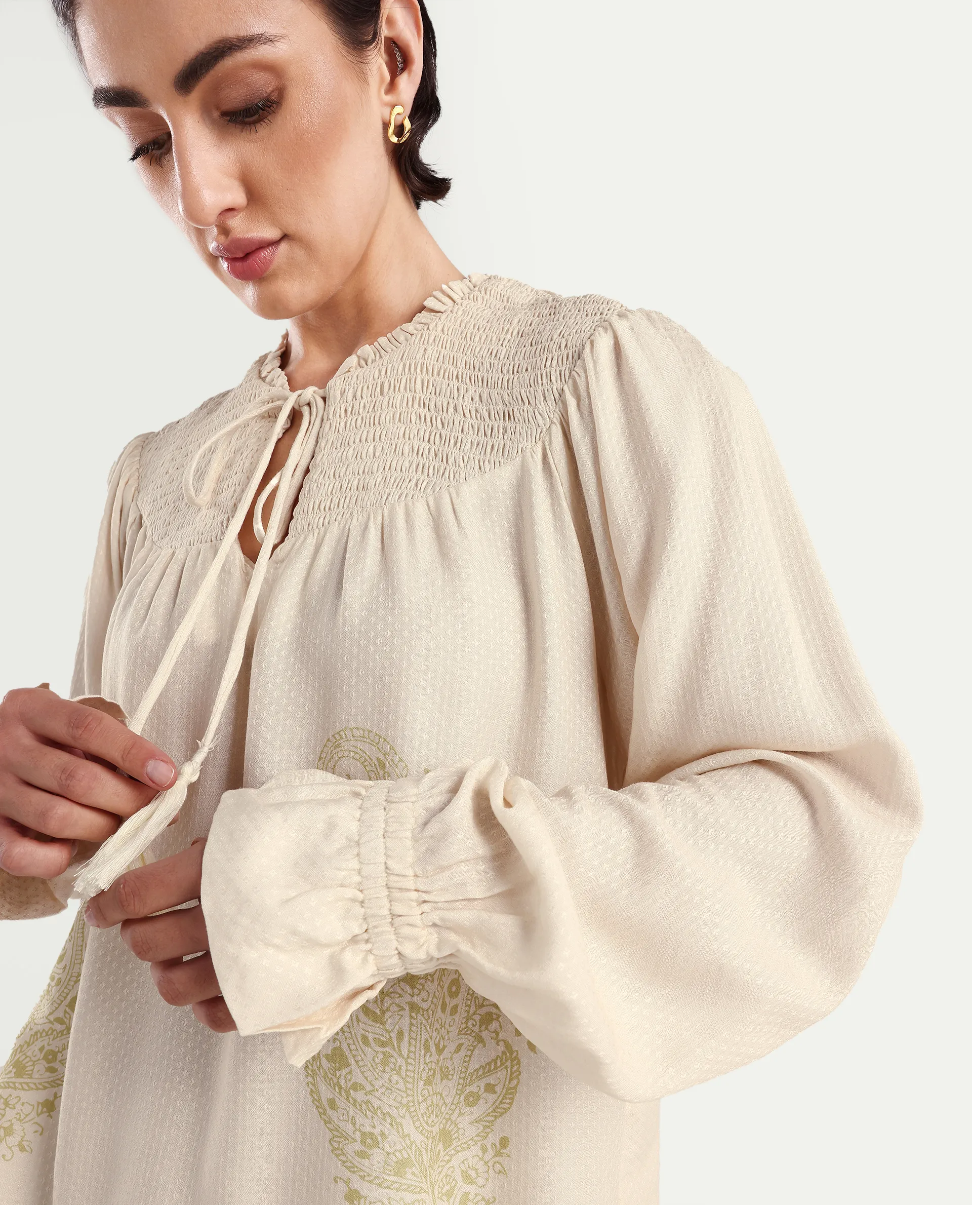 Rareism Women's Ronavi-T Beige Viscose Ruffled Neck Paisley Print Raglan Sleeve Relaxed Fit Top - Image 4