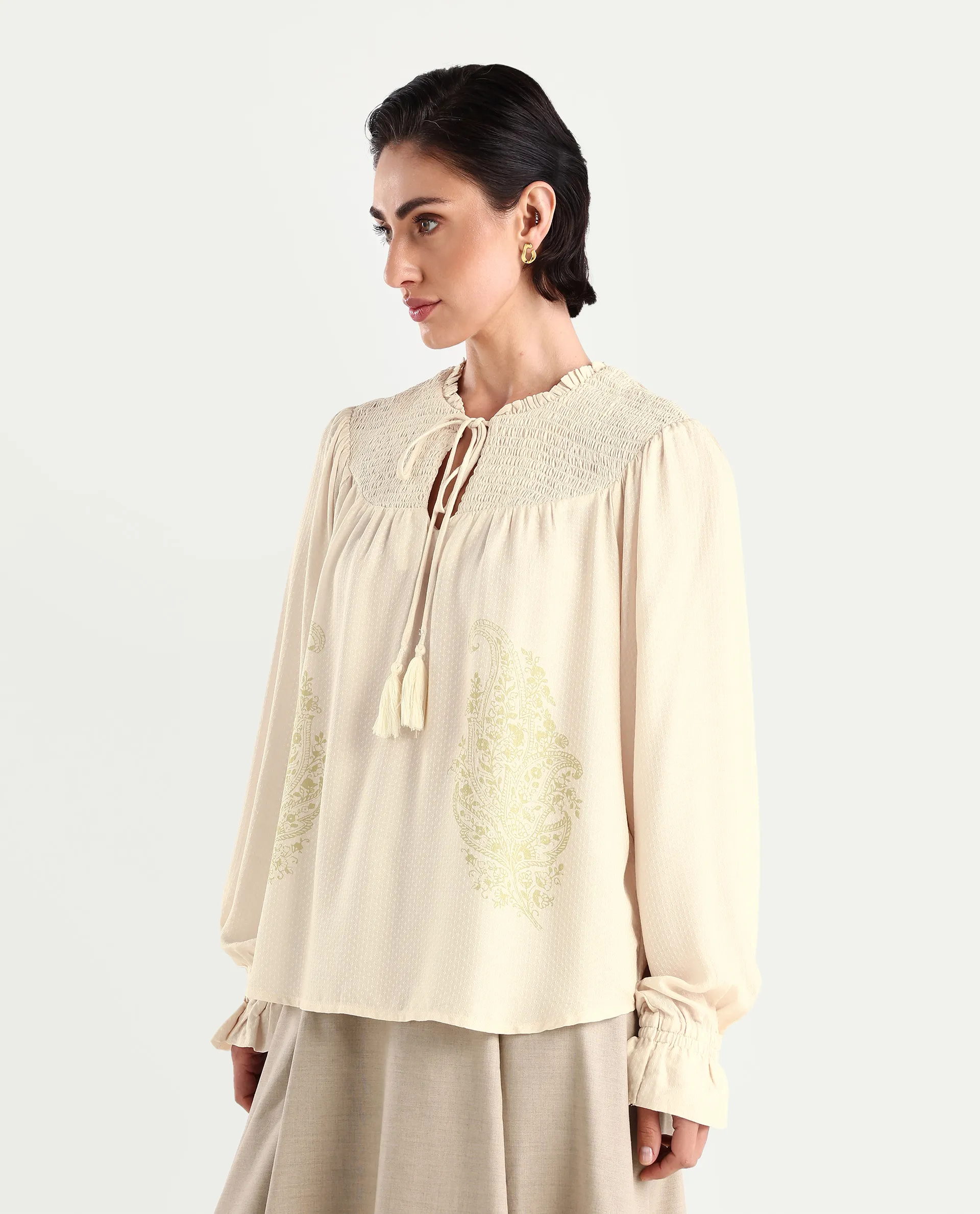 Rareism Women's Ronavi-T Beige Viscose Ruffled Neck Paisley Print Raglan Sleeve Relaxed Fit Top - Image 5