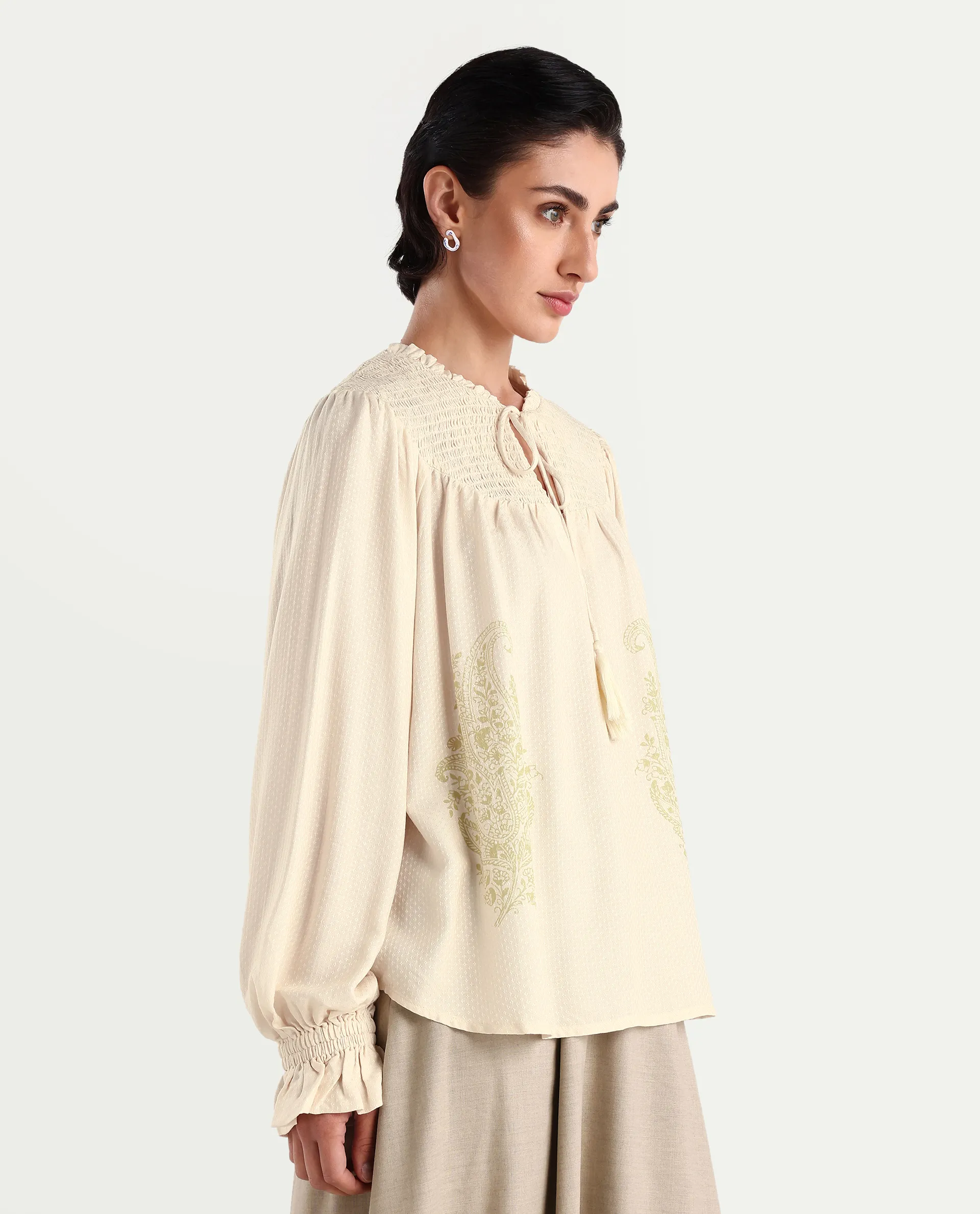 Rareism Women's Ronavi-T Beige Viscose Ruffled Neck Paisley Print Raglan Sleeve Relaxed Fit Top - Image 6
