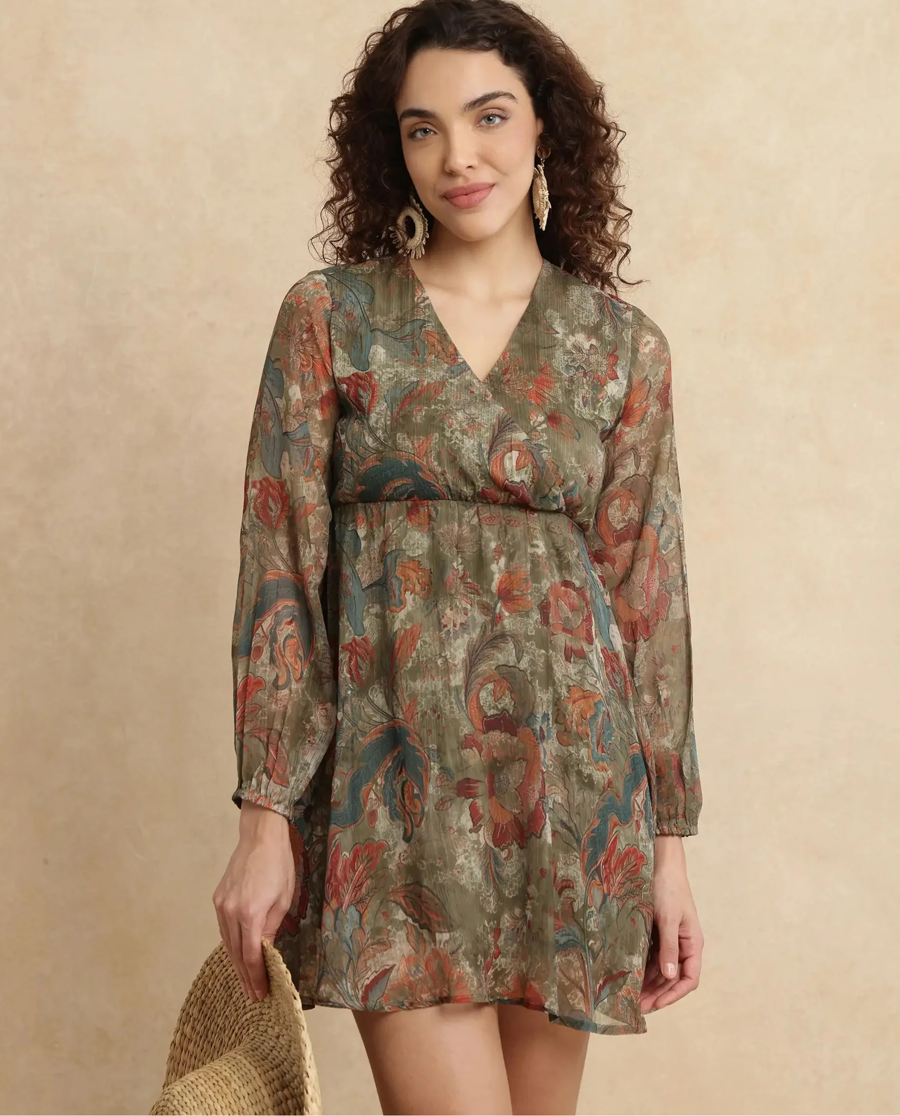 Rareism Women's Ronax Green Polyester V-Neck Floral Print Bishop Sleeve Mini Fit And Flare Dress