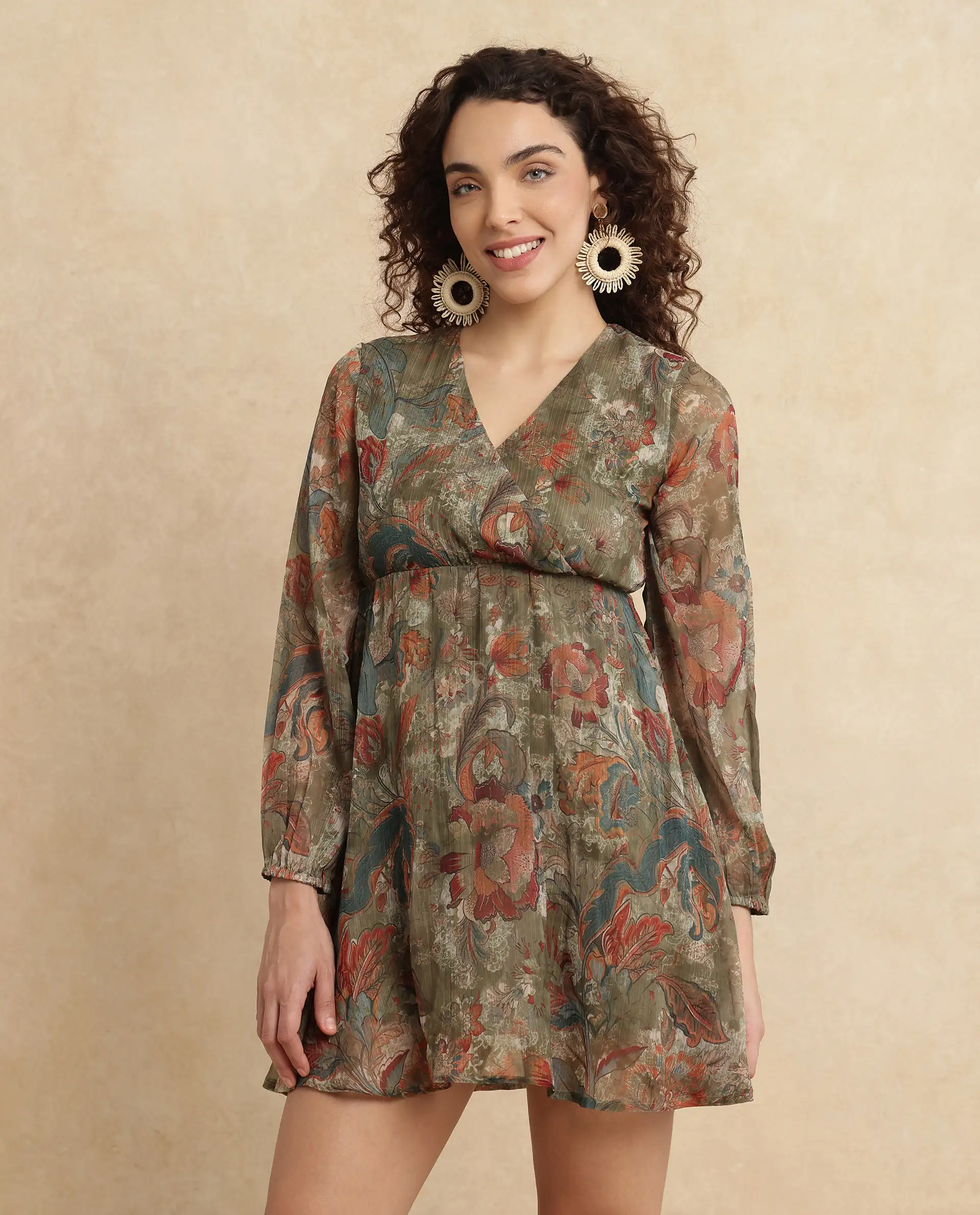Rareism Women's Ronax Green Polyester V-Neck Floral Print Bishop Sleeve Mini Fit And Flare Dress - Image 4