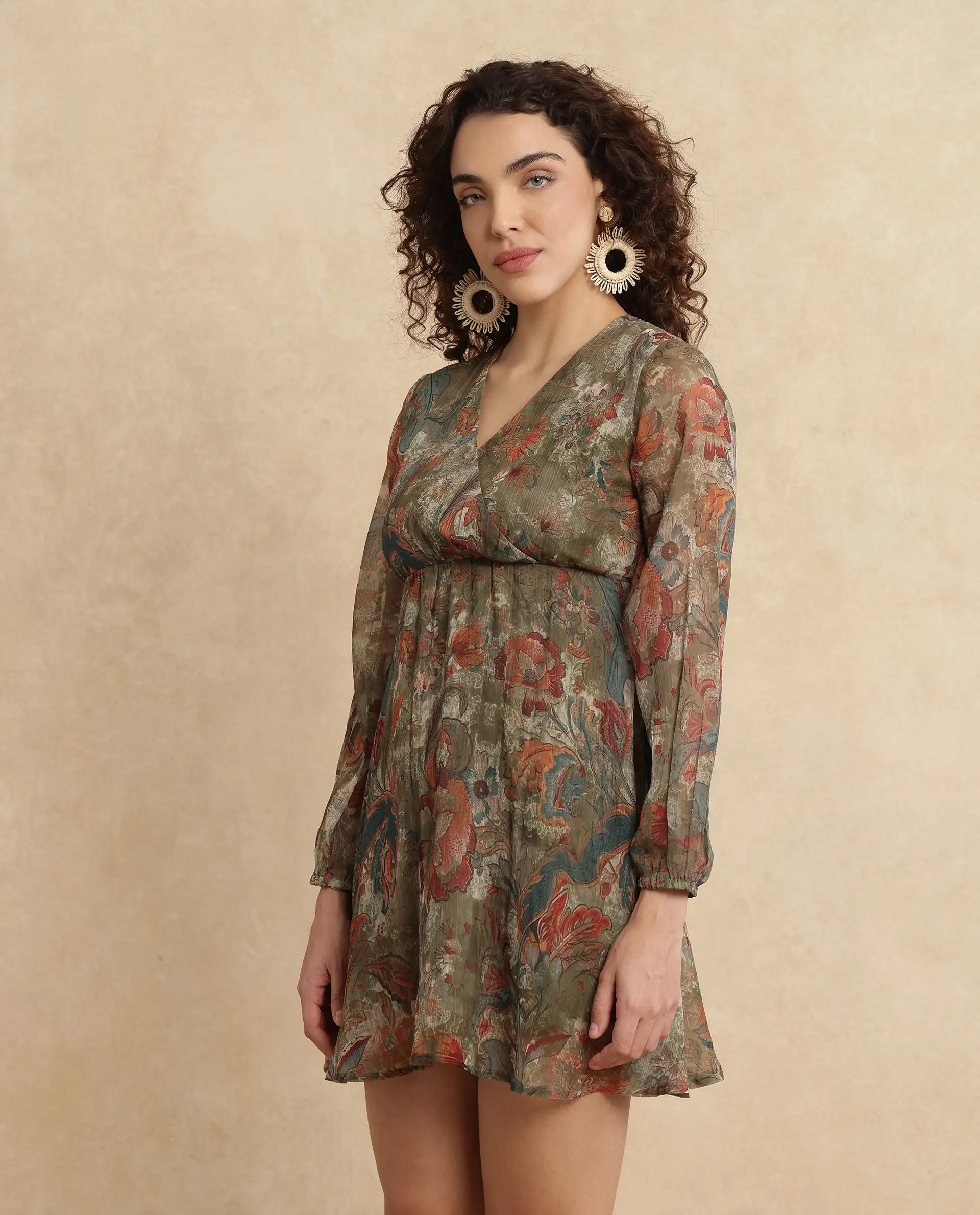 Rareism Women's Ronax Green Polyester V-Neck Floral Print Bishop Sleeve Mini Fit And Flare Dress - Image 5