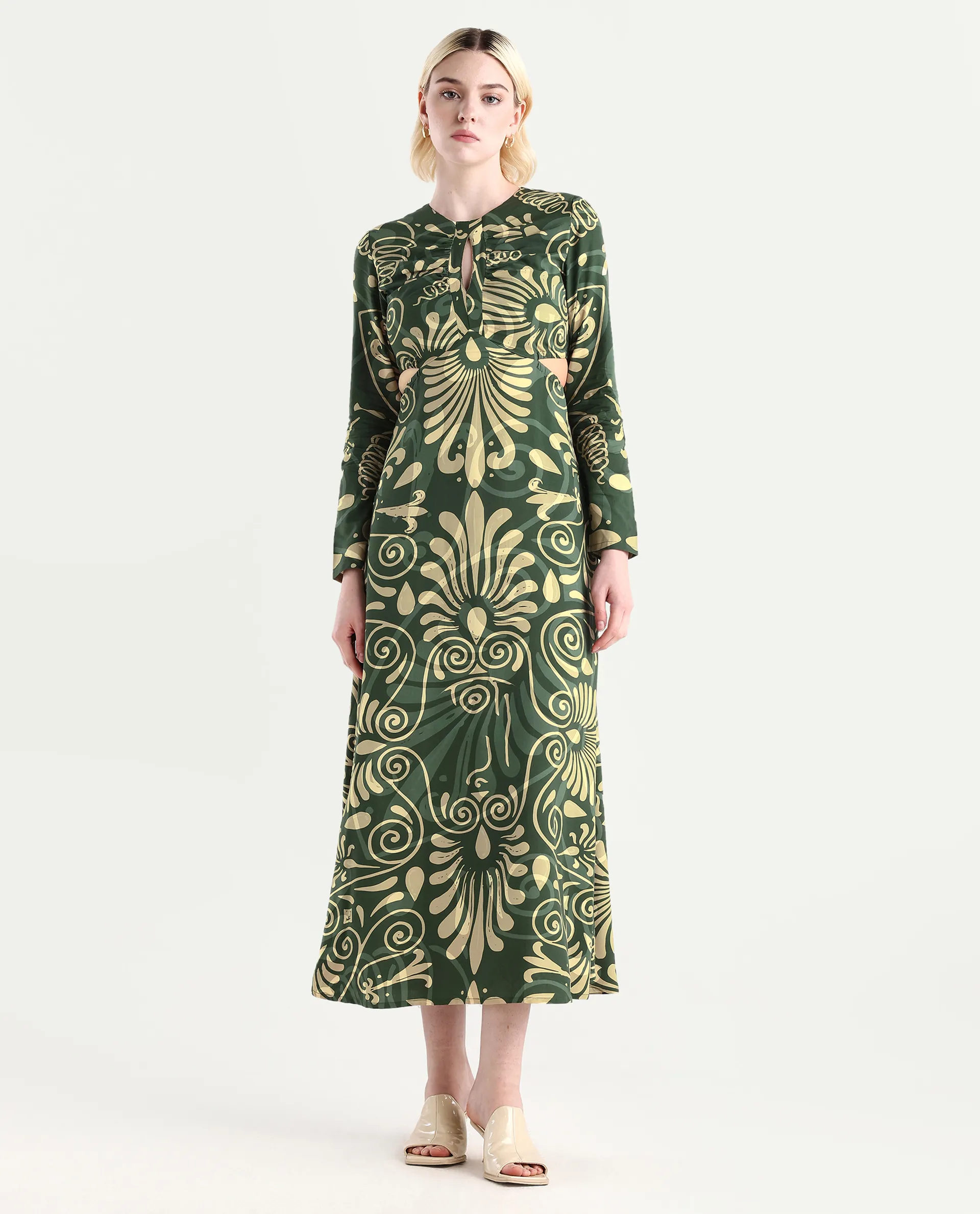 Rareism Women's Ronaz Green Viscose Round Neck Ornamental Print Maxi Fit And Flare Dress - Image 2