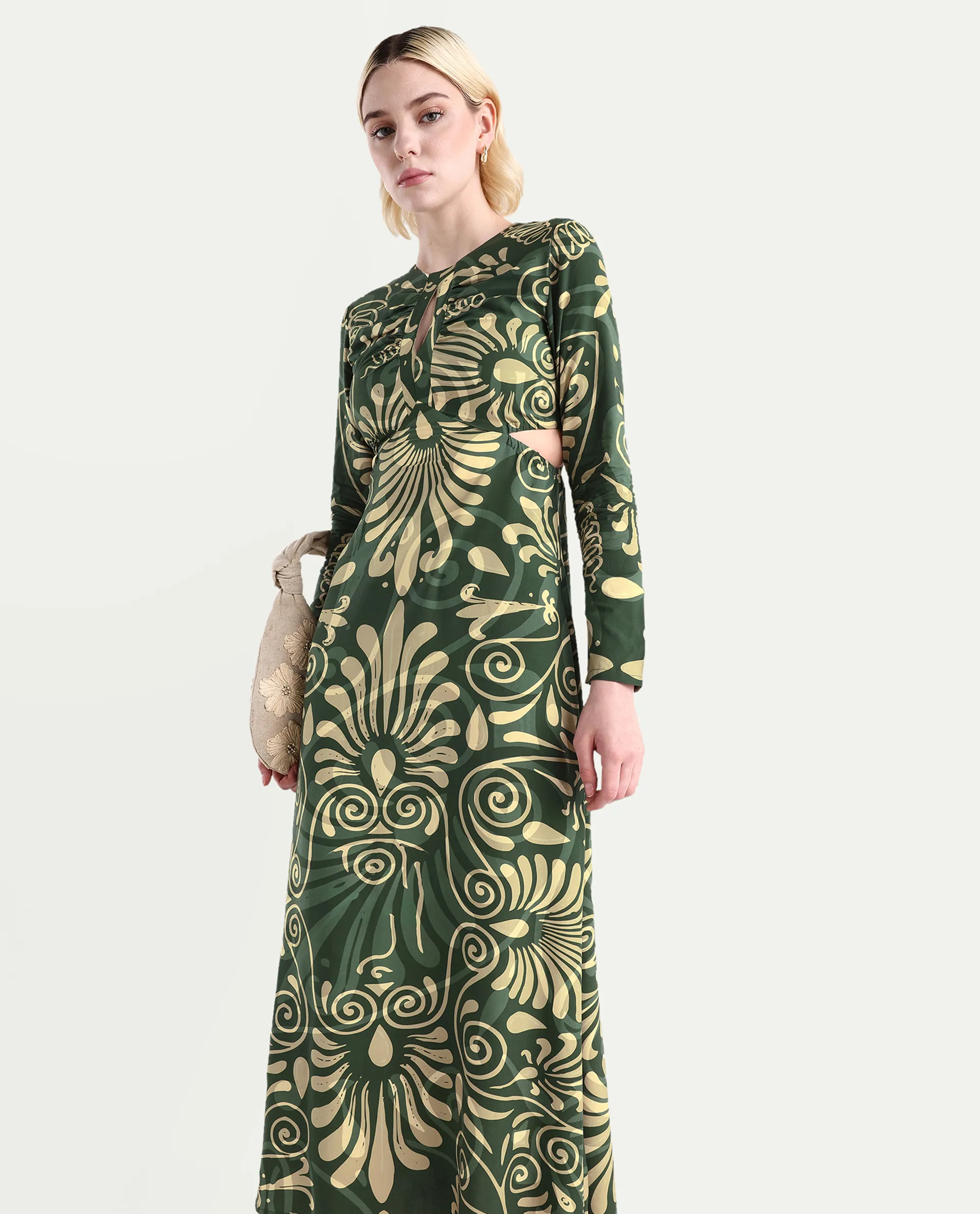 Rareism Women's Ronaz Green Viscose Round Neck Ornamental Print Maxi Fit And Flare Dress - Image 3