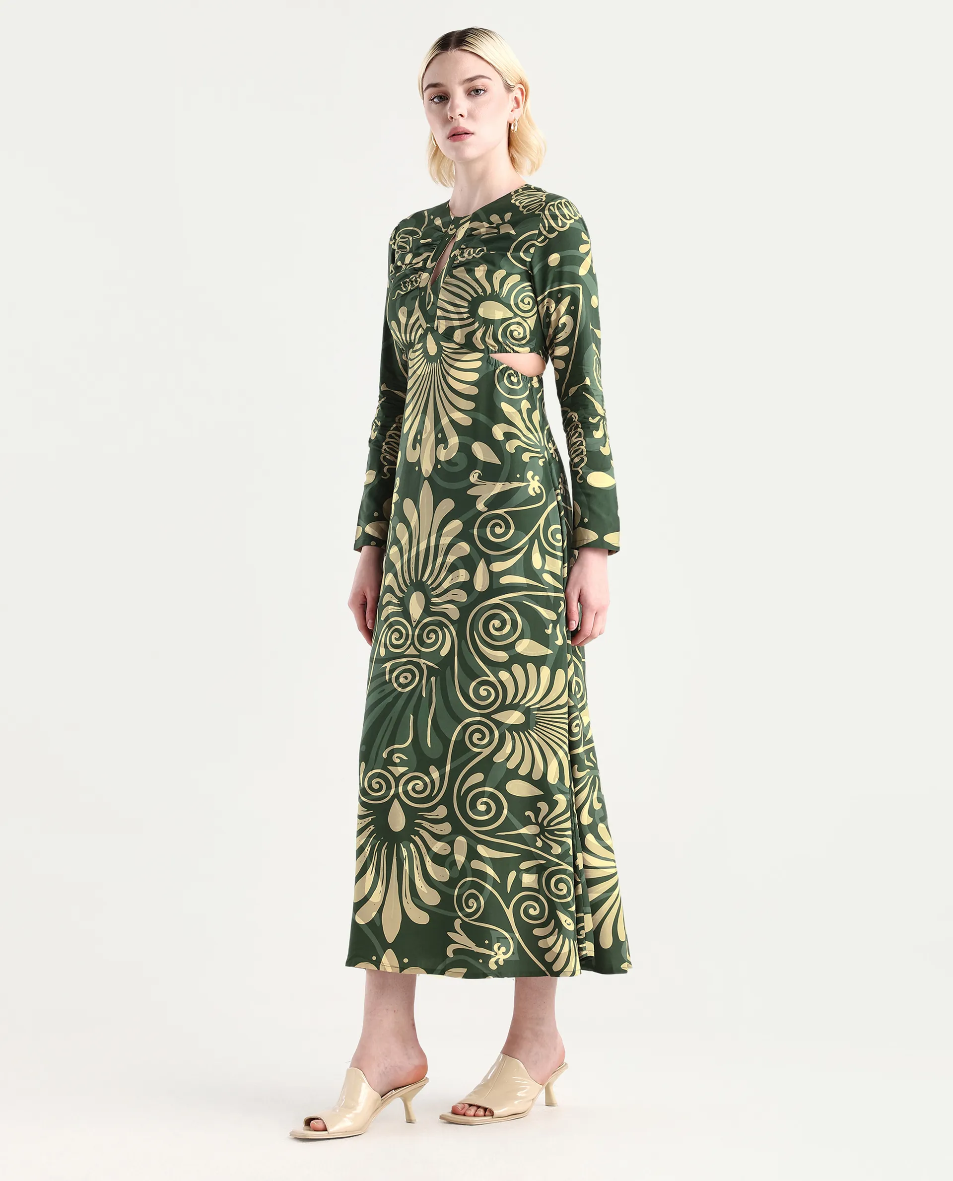 Rareism Women's Ronaz Green Viscose Round Neck Ornamental Print Maxi Fit And Flare Dress - Image 5