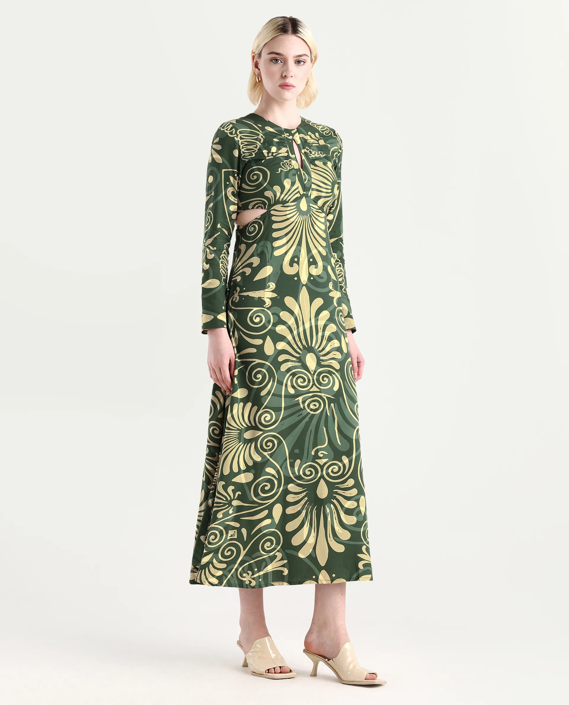 Rareism Women's Ronaz Green Viscose Round Neck Ornamental Print Maxi Fit And Flare Dress - Image 6