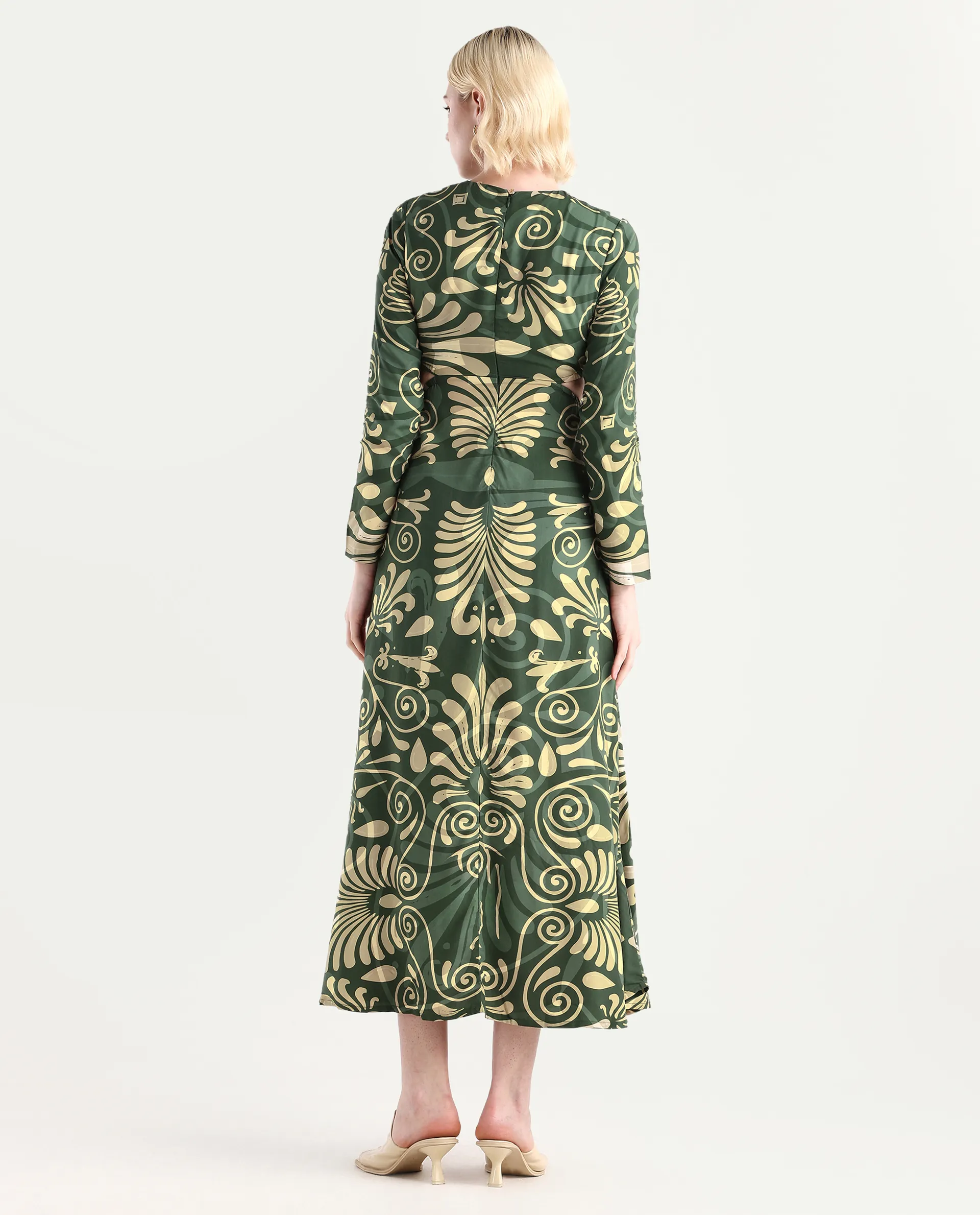 Rareism Women's Ronaz Green Viscose Round Neck Ornamental Print Maxi Fit And Flare Dress - Image 7