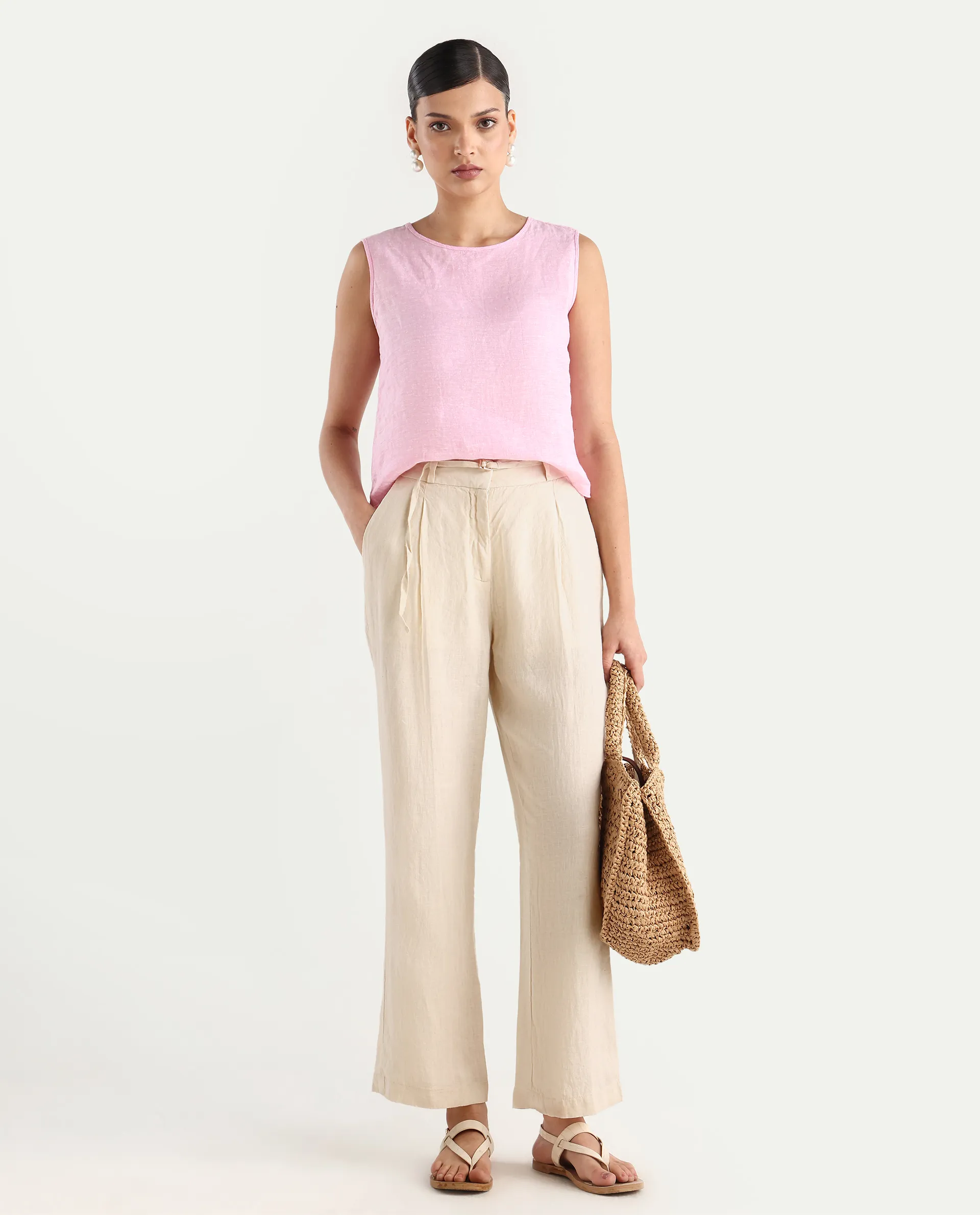 Rareism Women's Ronbla B Beige Linen Plain Ankle Length Straight Fit Trouser - Image 2