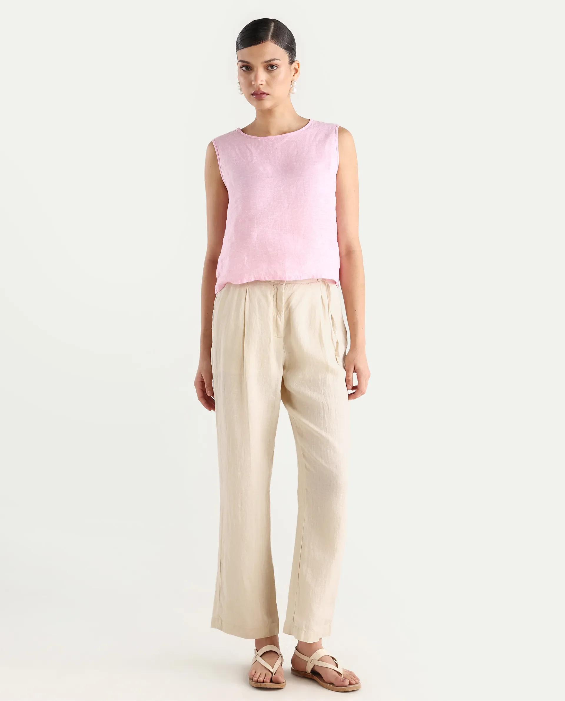Rareism Women's Ronbla B Beige Linen Plain Ankle Length Straight Fit Trouser - Image 4