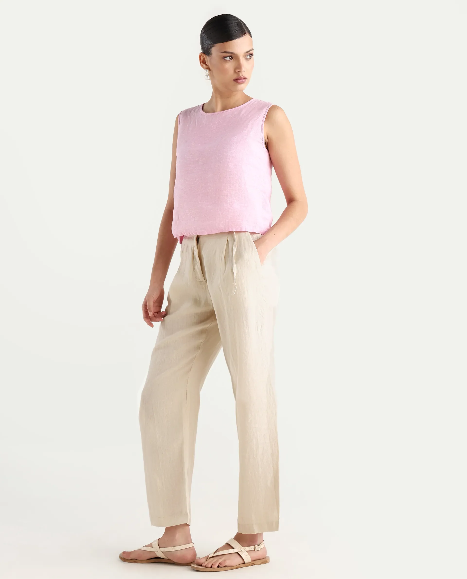 Rareism Women's Ronbla B Beige Linen Plain Ankle Length Straight Fit Trouser - Image 9