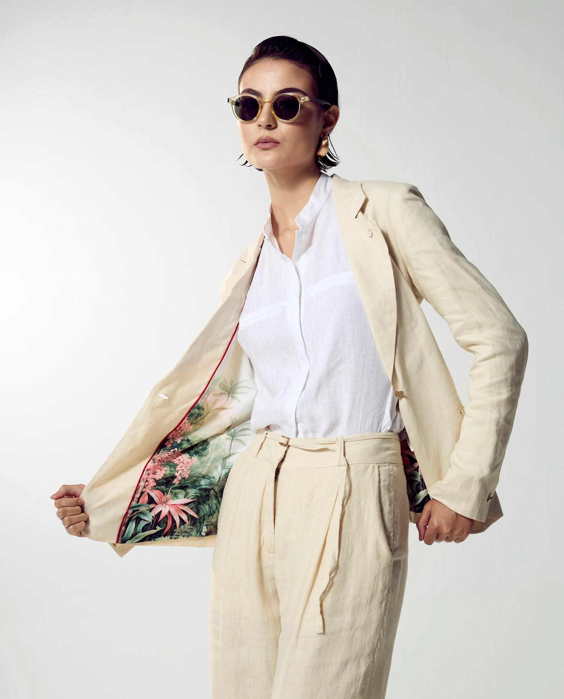 Rareism Women's Ronbla T Beige Linen Lapel Neck Plain Regular Fit Blazer - Image 3