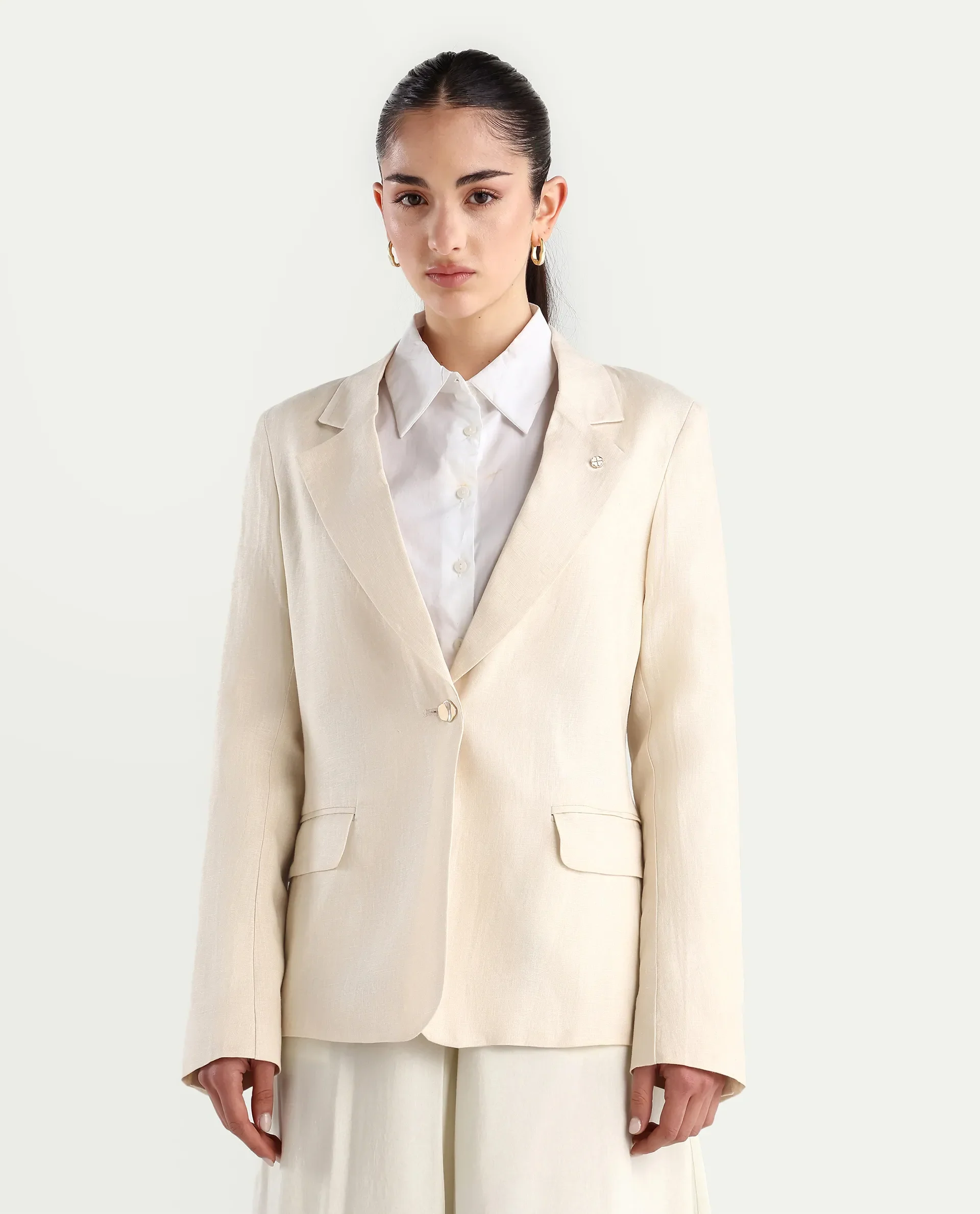 Rareism Women's Ronbla T Beige Linen Lapel Neck Plain Regular Fit Blazer - Image 4