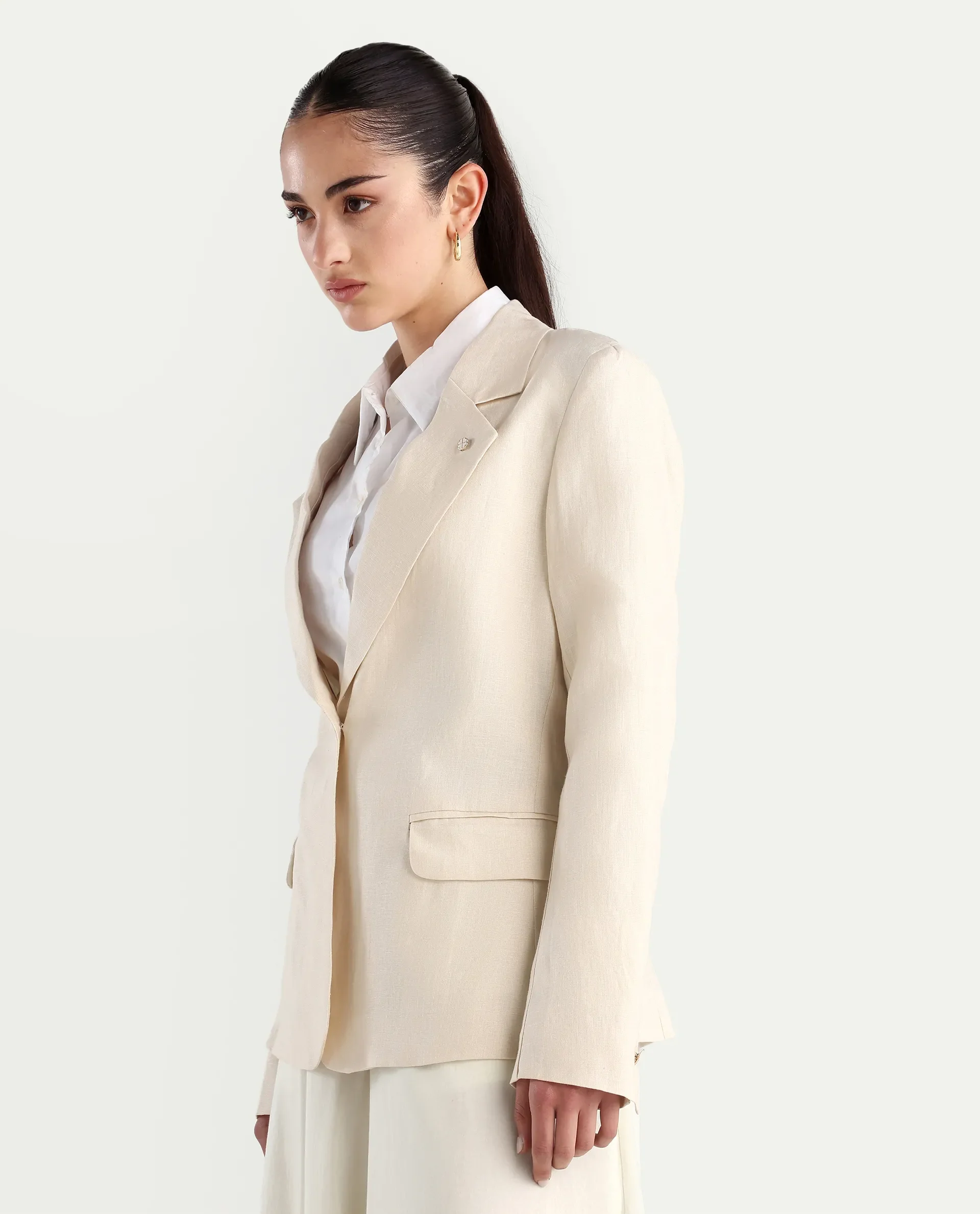 Rareism Women's Ronbla T Beige Linen Lapel Neck Plain Regular Fit Blazer - Image 6