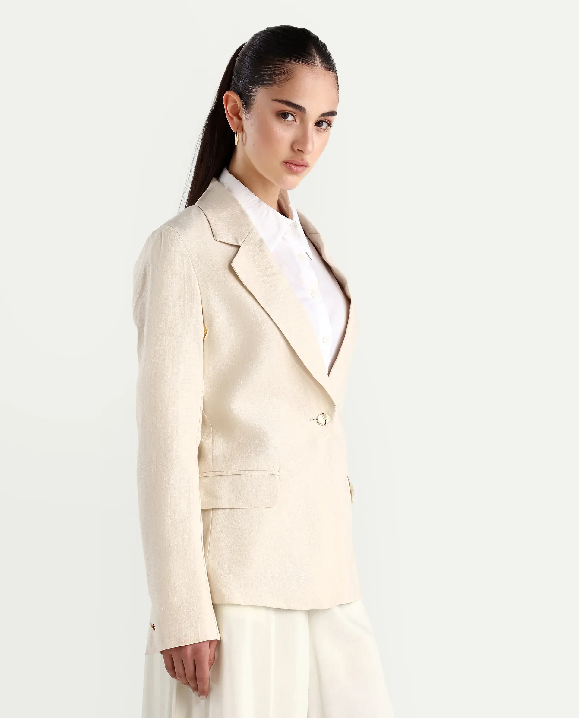 Rareism Women's Ronbla T Beige Linen Lapel Neck Plain Regular Fit Blazer - Image 7