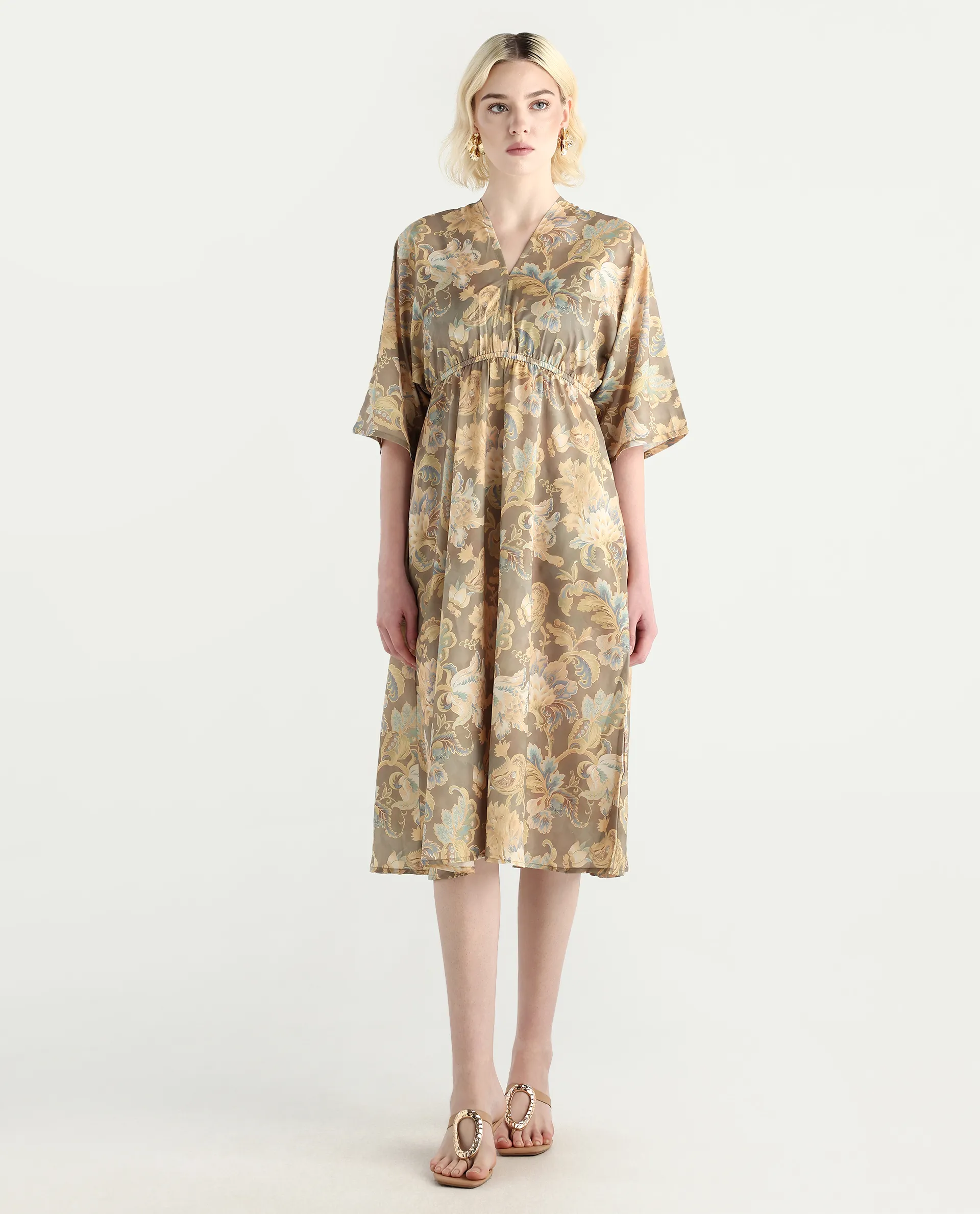 Rareism Women's Ronboh Dark Green Polyester V-Neck Floral Print Kimono Sleeve Knee Length Flared Dress - Image 2