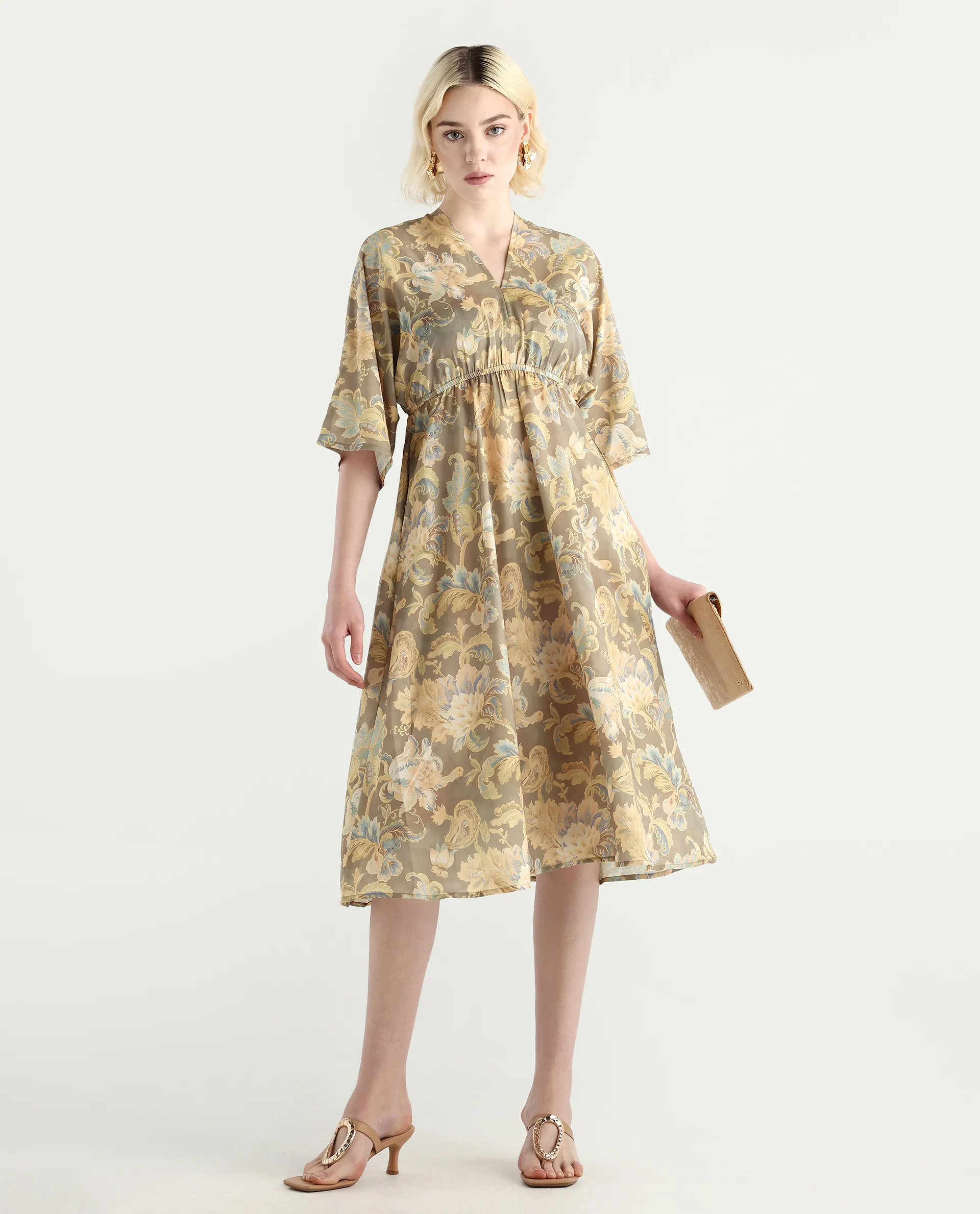 Rareism Women's Ronboh Dark Green Polyester V-Neck Floral Print Kimono Sleeve Knee Length Flared Dress - Image 3