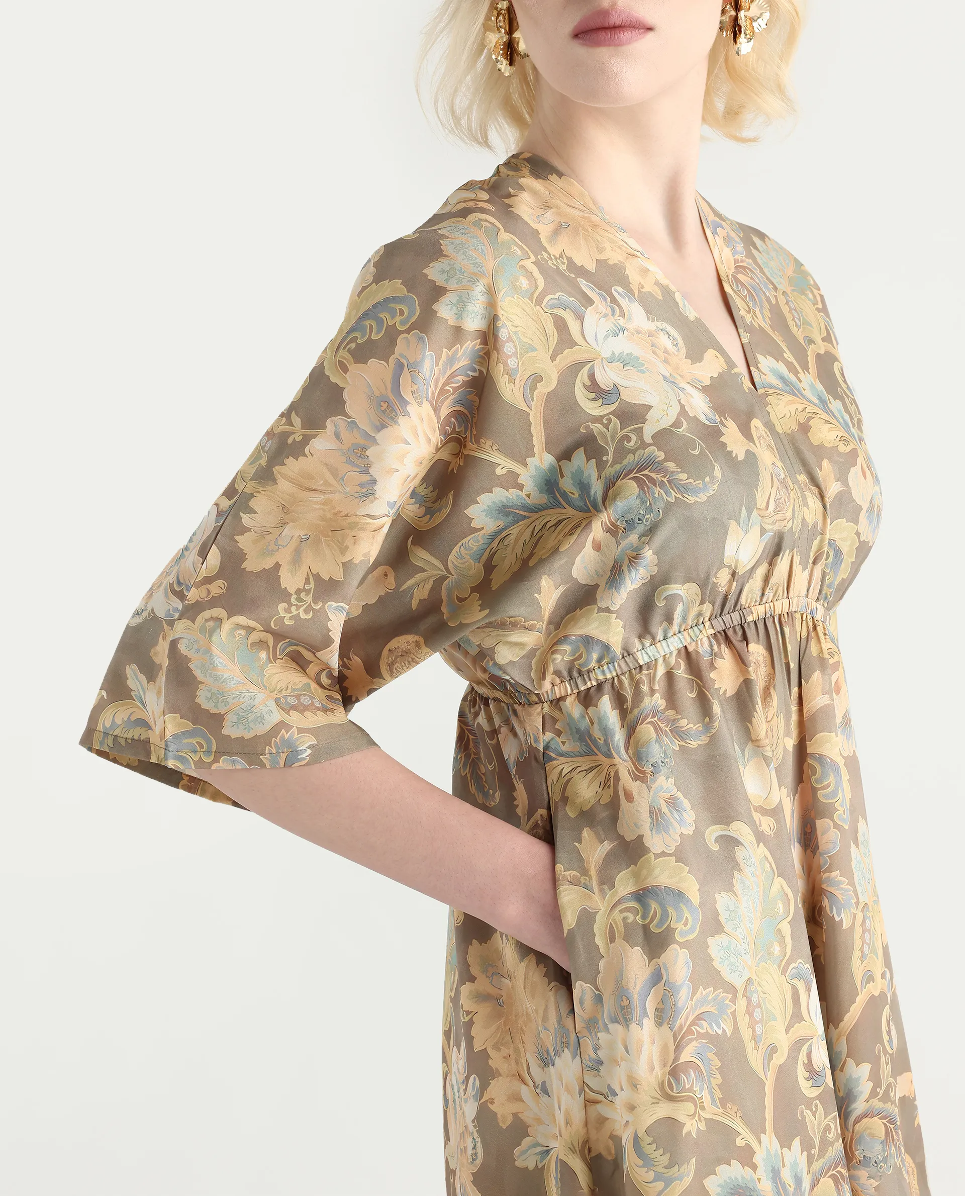 Rareism Women's Ronboh Dark Green Polyester V-Neck Floral Print Kimono Sleeve Knee Length Flared Dress - Image 4