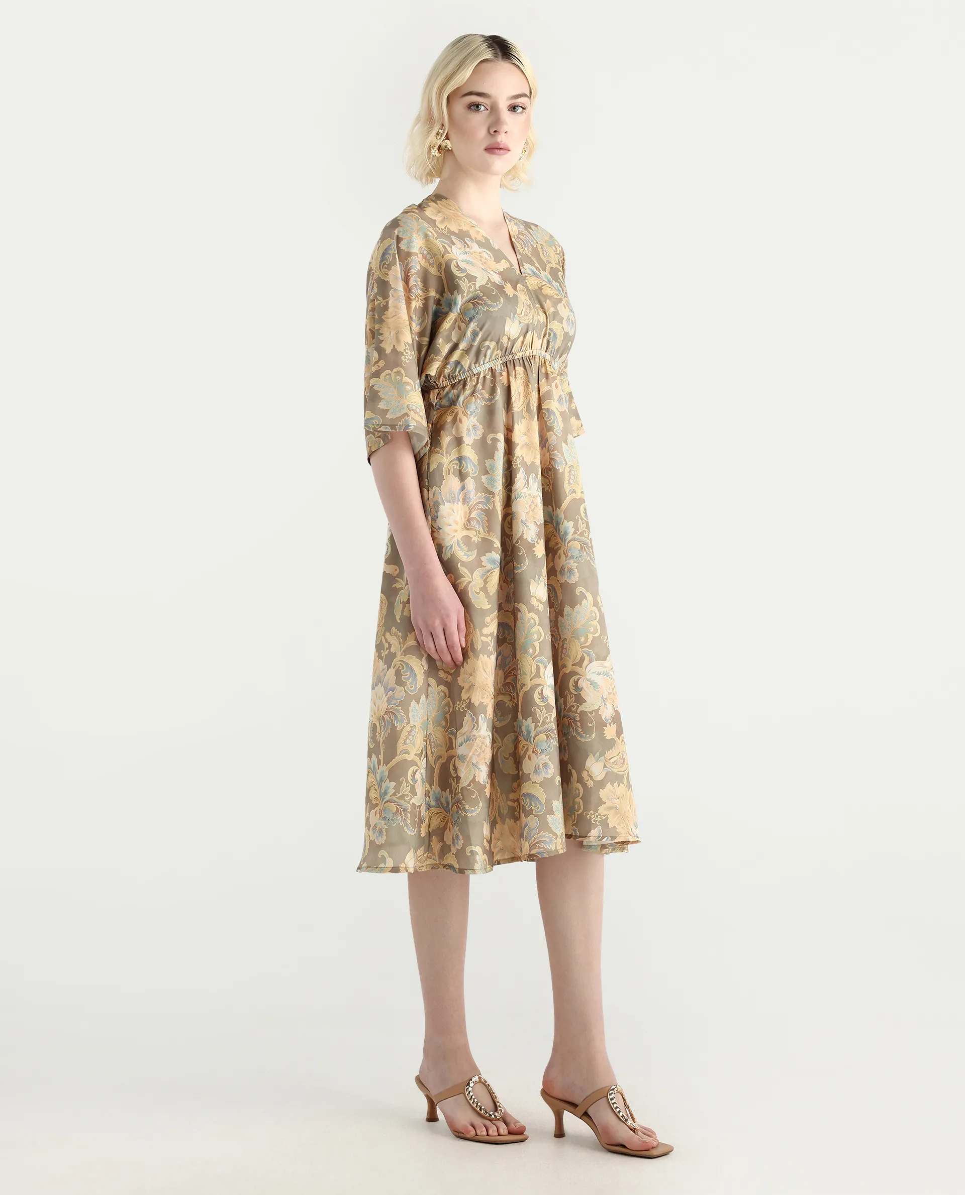 Rareism Women's Ronboh Dark Green Polyester V-Neck Floral Print Kimono Sleeve Knee Length Flared Dress - Image 5