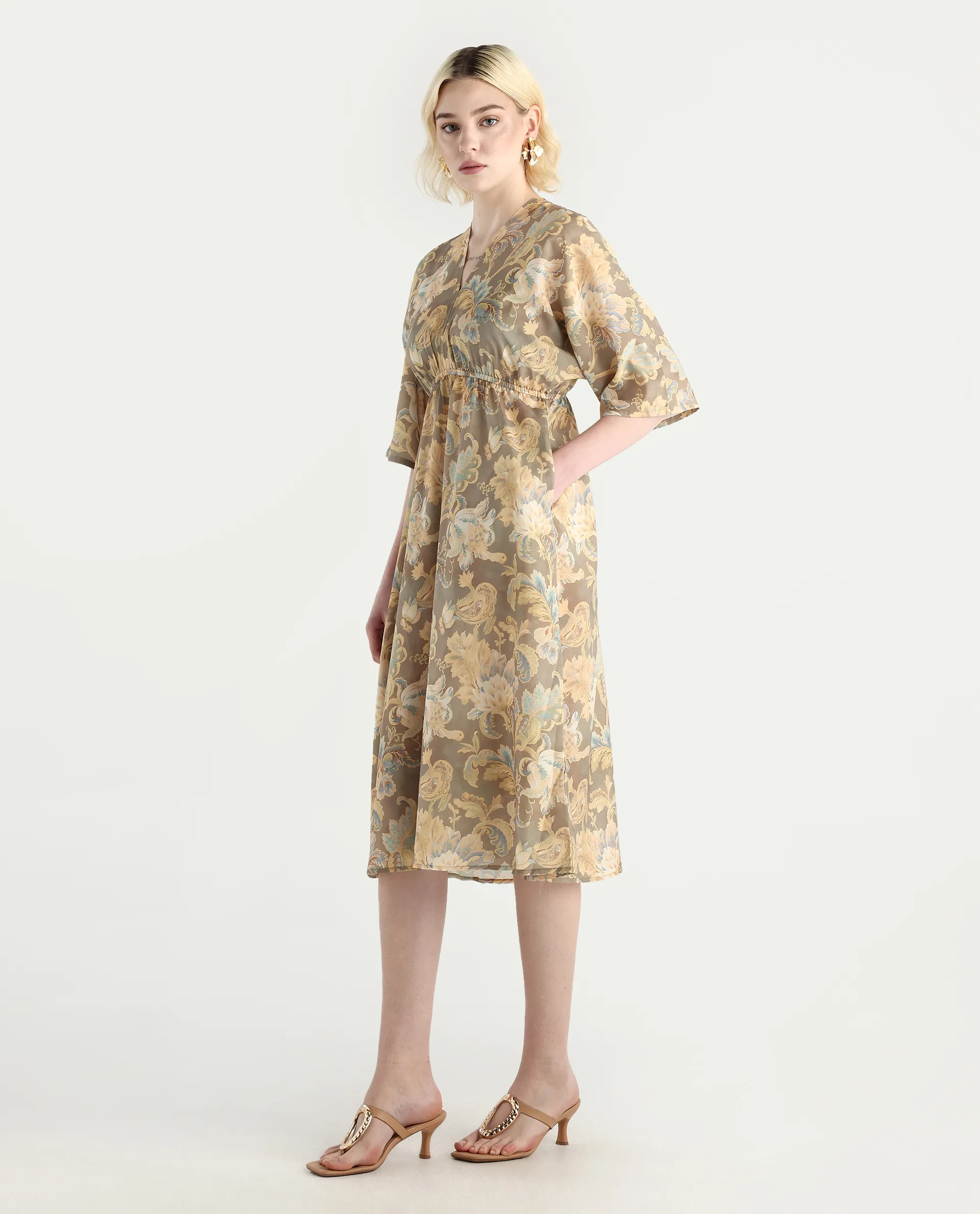 Rareism Women's Ronboh Dark Green Polyester V-Neck Floral Print Kimono Sleeve Knee Length Flared Dress - Image 6