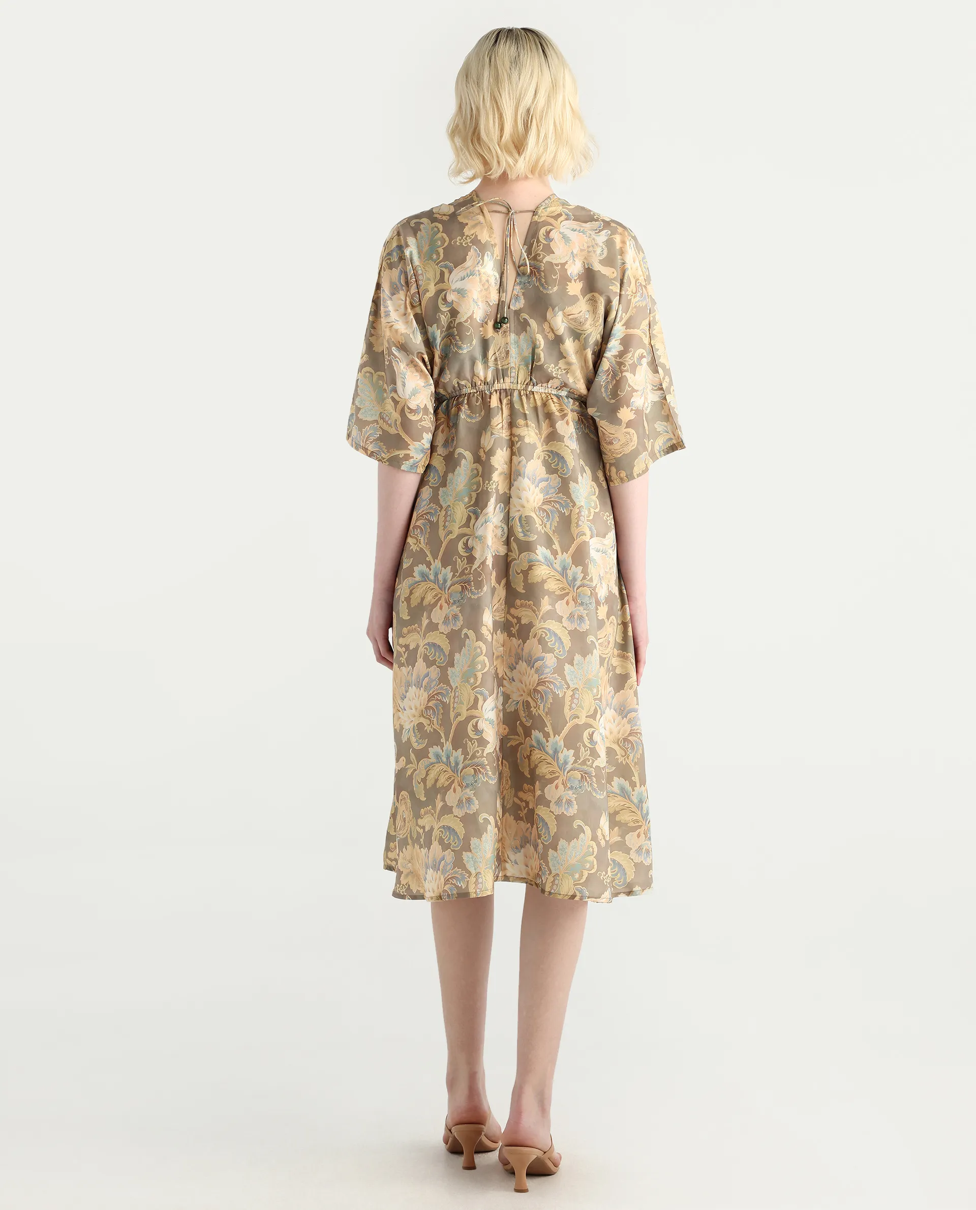 Rareism Women's Ronboh Dark Green Polyester V-Neck Floral Print Kimono Sleeve Knee Length Flared Dress - Image 7