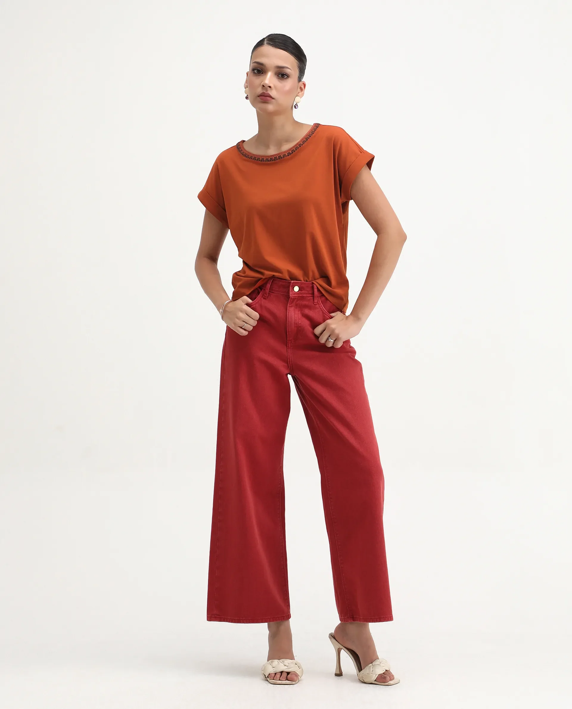 Rareism Women's Roncro Rust Cotton Blend Round Neck Plain Extended Sleeves Regular Fit T-Shirt - Image 2