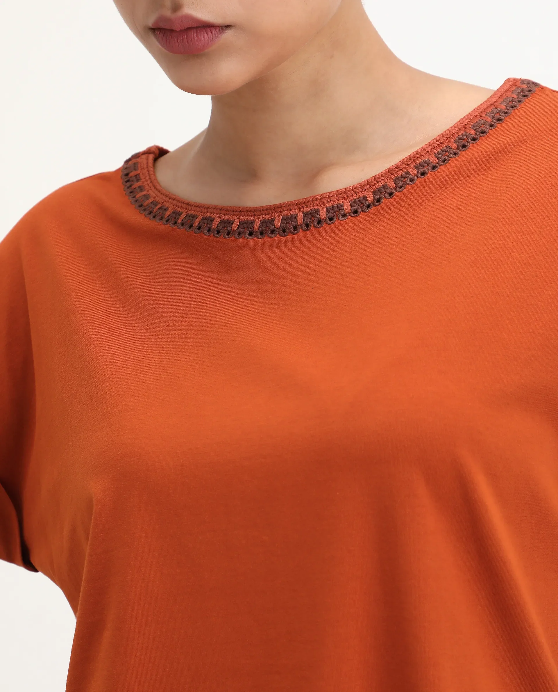 Rareism Women's Roncro Rust Cotton Blend Round Neck Plain Extended Sleeves Regular Fit T-Shirt - Image 3