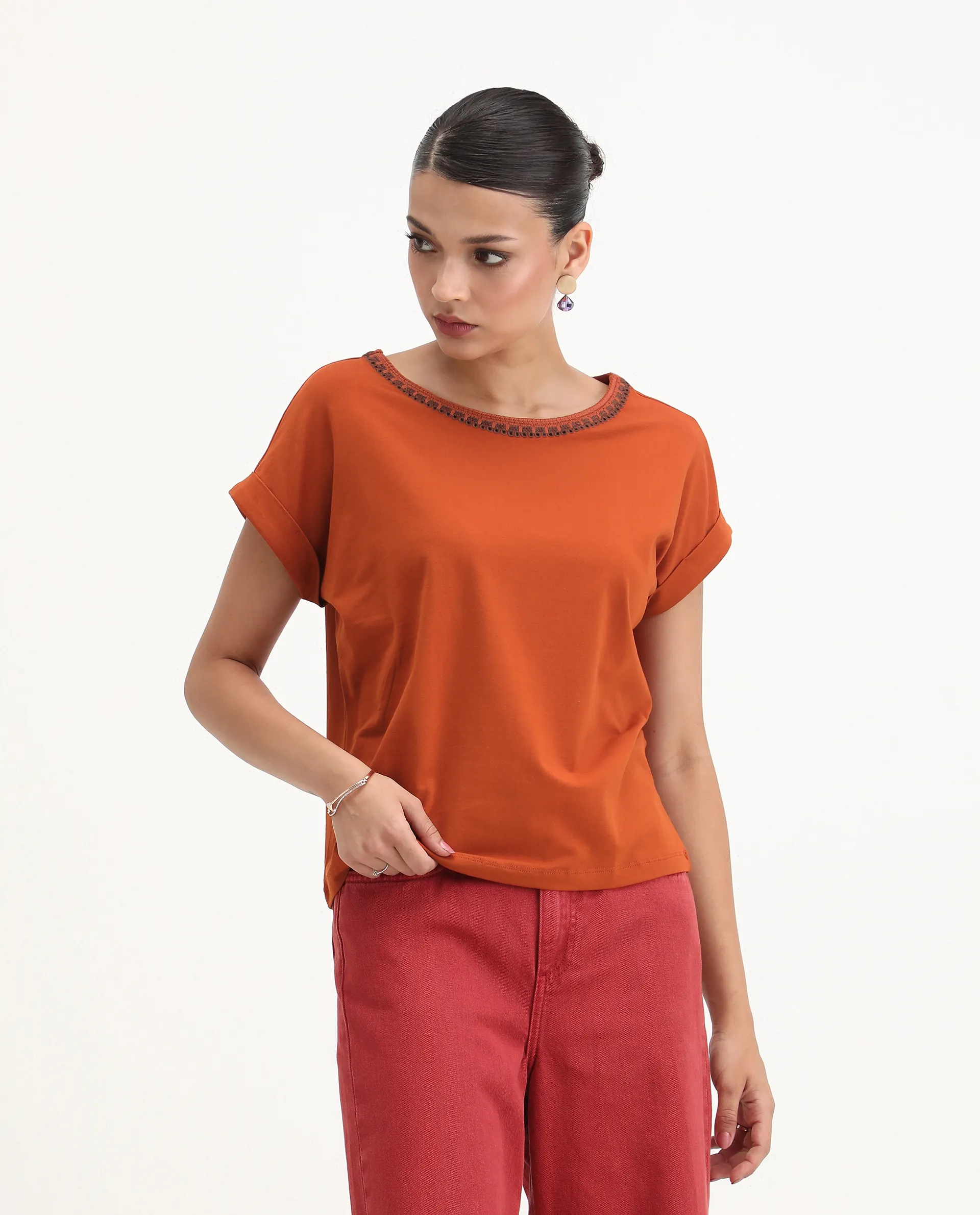 Rareism Women's Roncro Rust Cotton Blend Round Neck Plain Extended Sleeves Regular Fit T-Shirt - Image 4