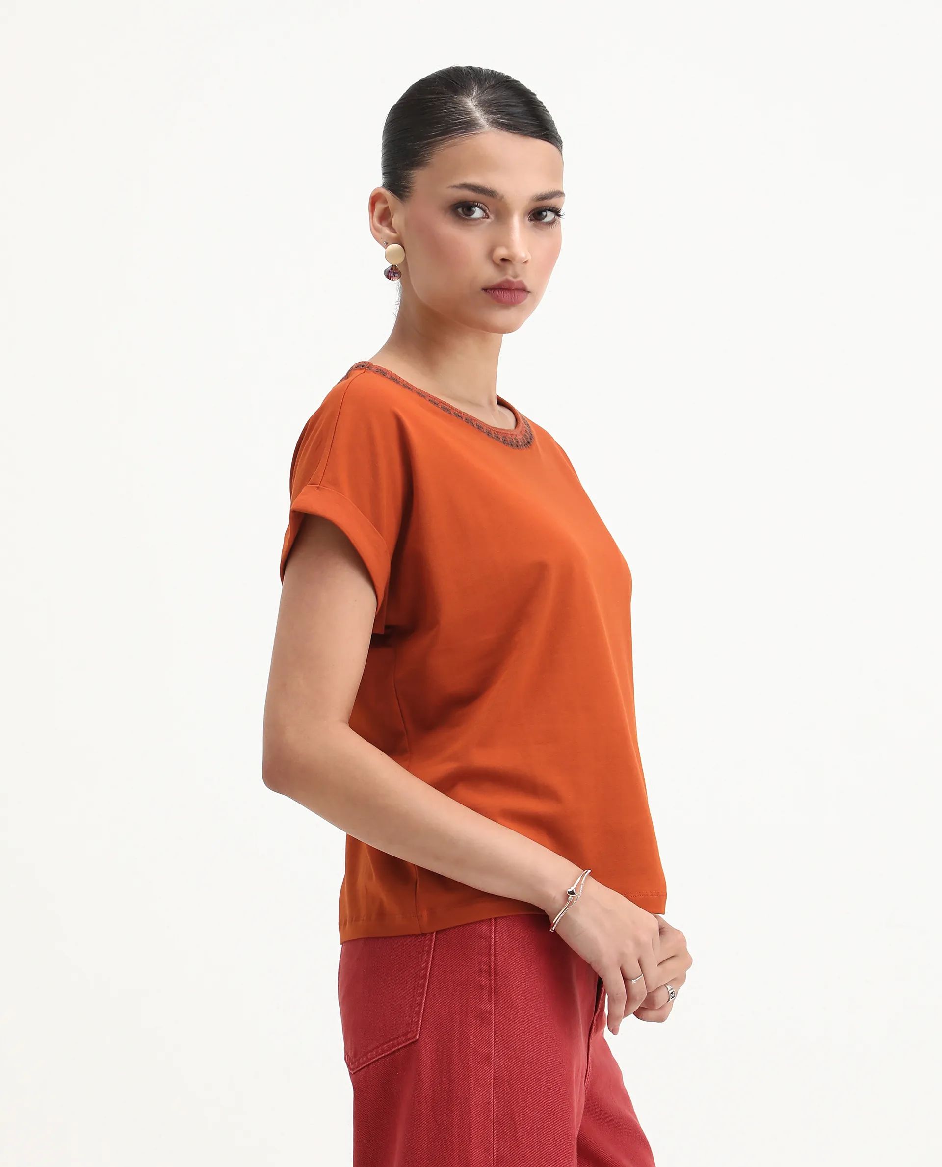Rareism Women's Roncro Rust Cotton Blend Round Neck Plain Extended Sleeves Regular Fit T-Shirt - Image 5
