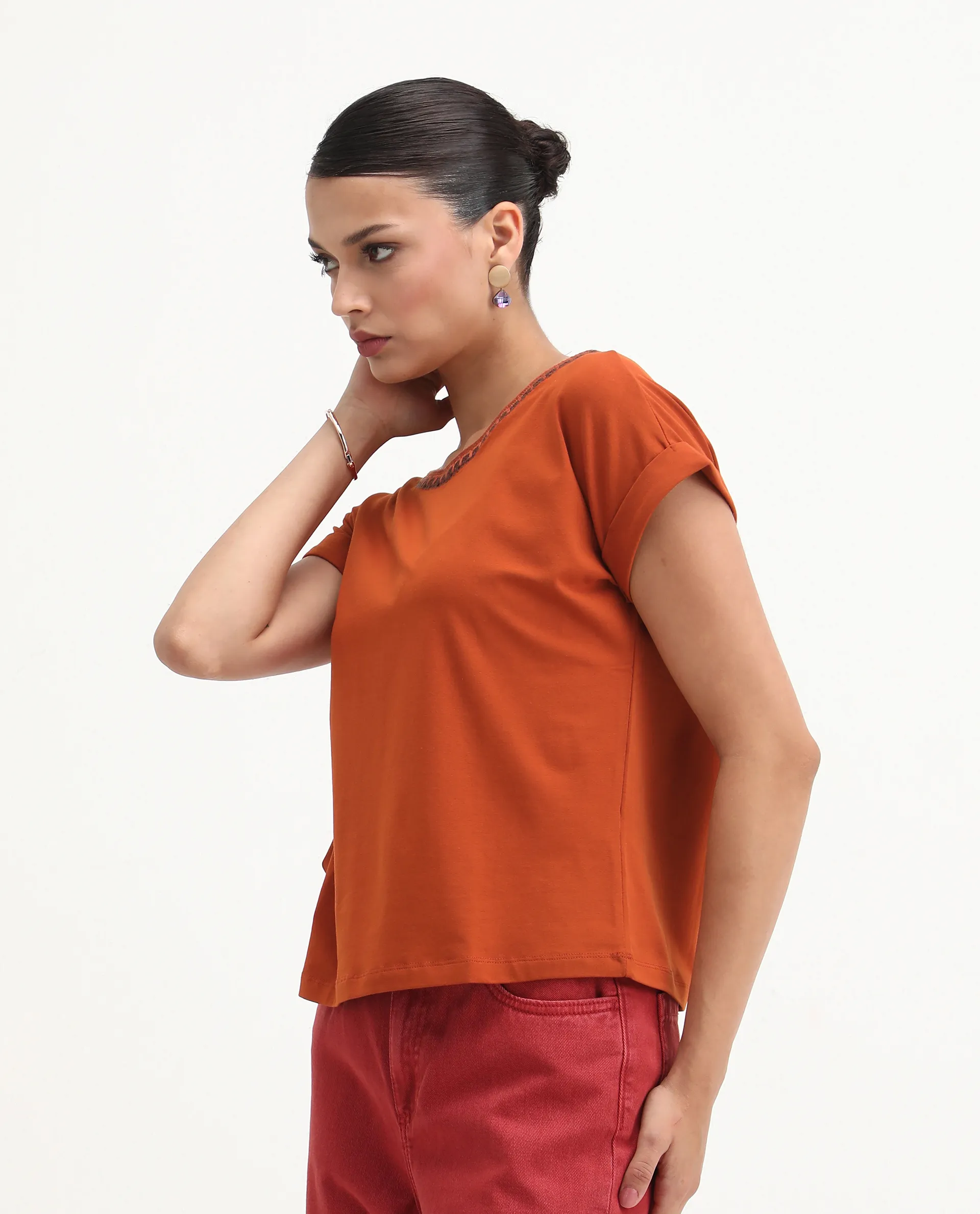 Rareism Women's Roncro Rust Cotton Blend Round Neck Plain Extended Sleeves Regular Fit T-Shirt - Image 6