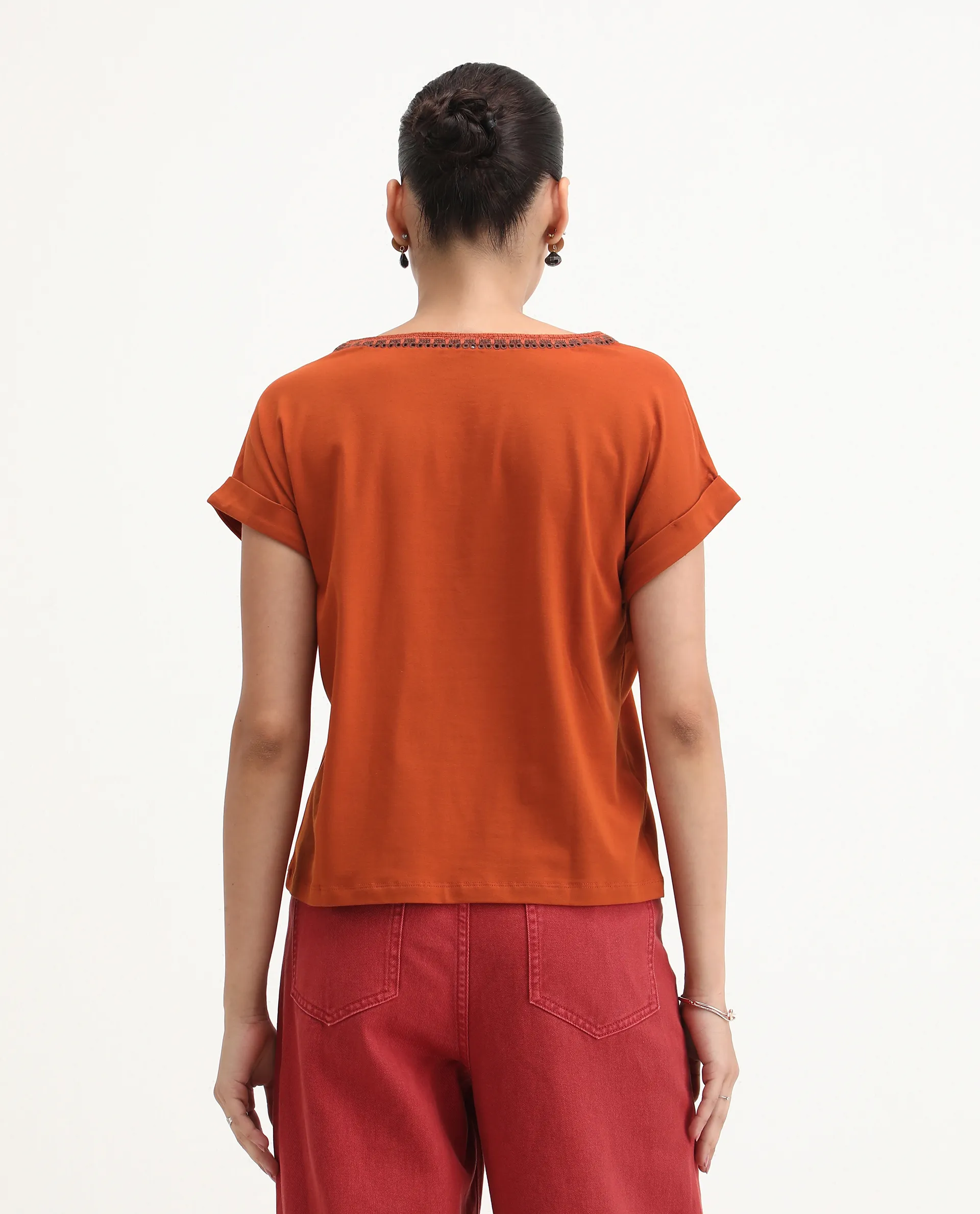 Rareism Women's Roncro Rust Cotton Blend Round Neck Plain Extended Sleeves Regular Fit T-Shirt - Image 7