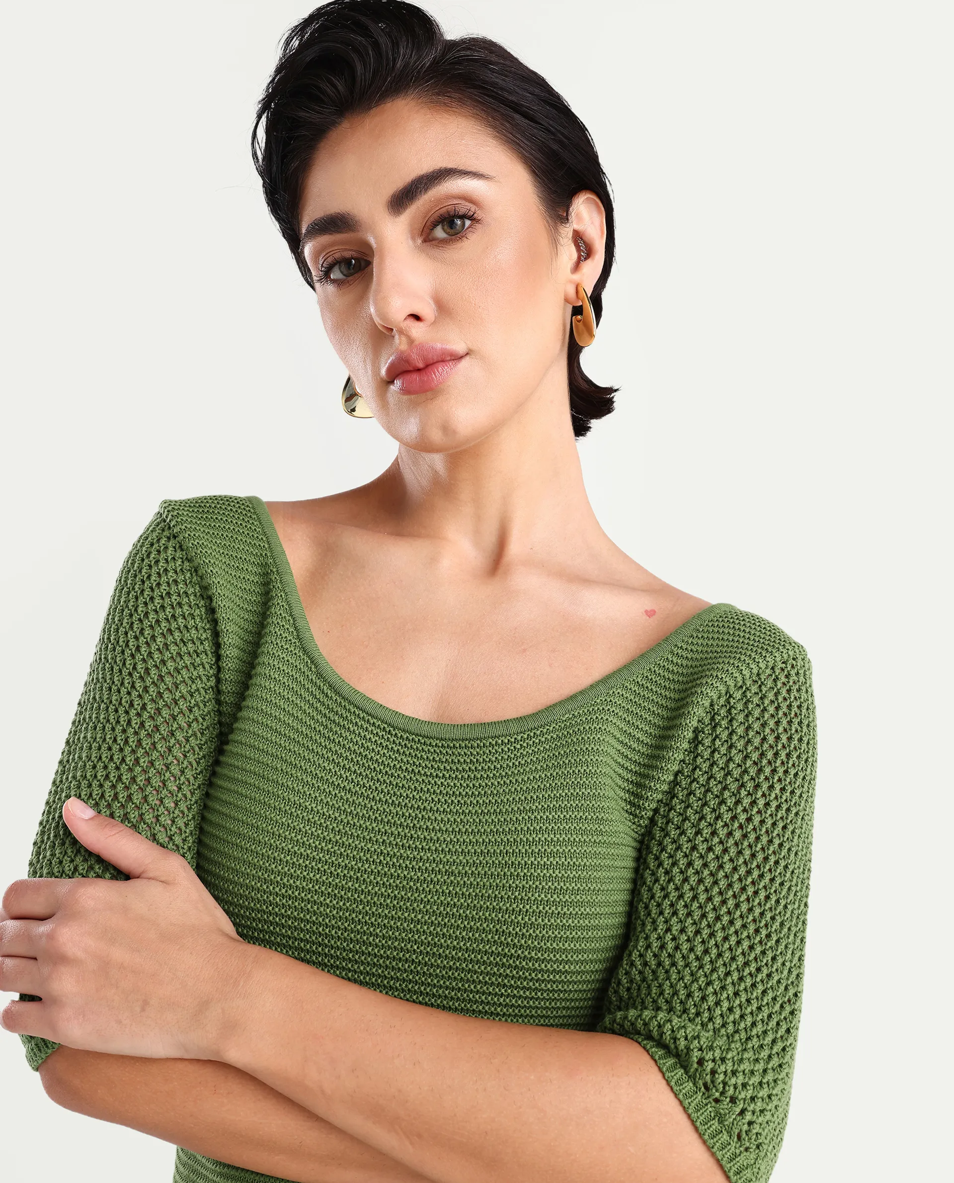 Rareism Women's Roncrod Dusky Olive Cotton Scoop Neck Plain Knee Length A-Line Dress - Image 4