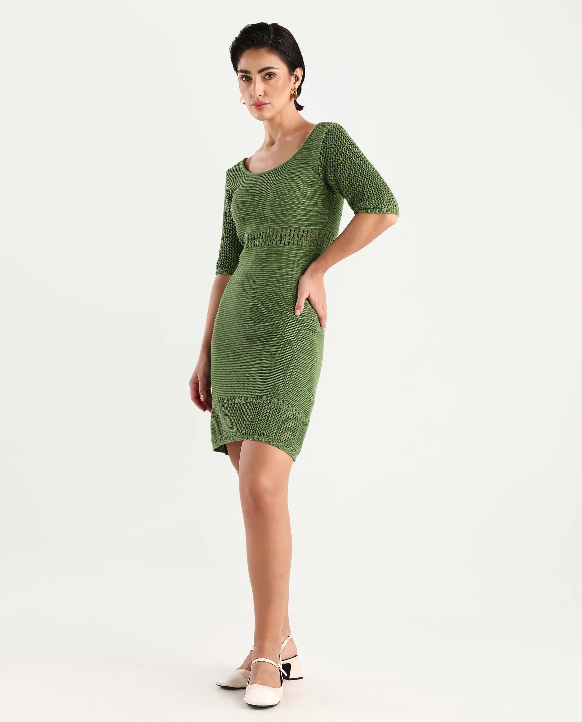 Rareism Women's Roncrod Dusky Olive Cotton Scoop Neck Plain Knee Length A-Line Dress - Image 5