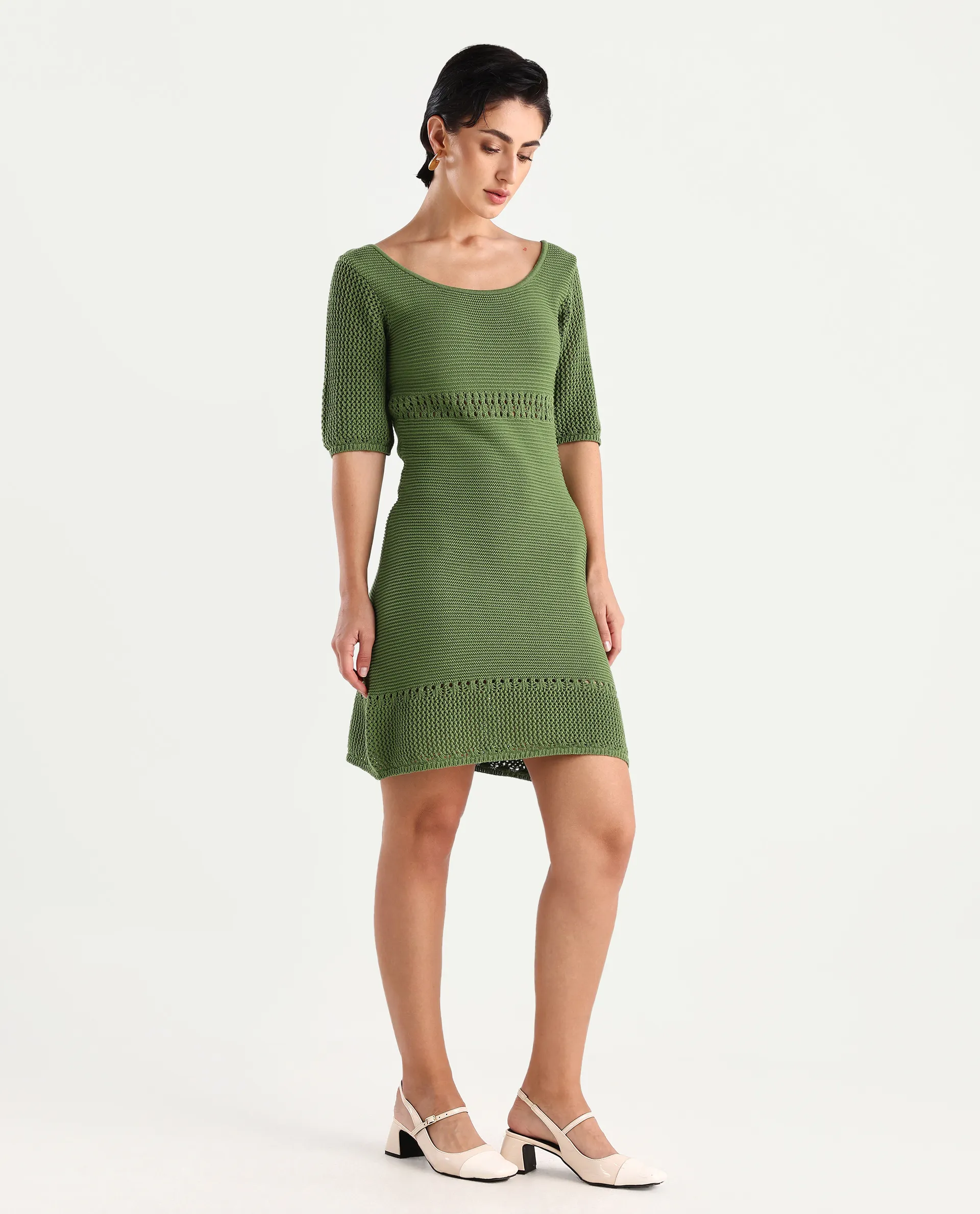 Rareism Women's Roncrod Dusky Olive Cotton Scoop Neck Plain Knee Length A-Line Dress - Image 6