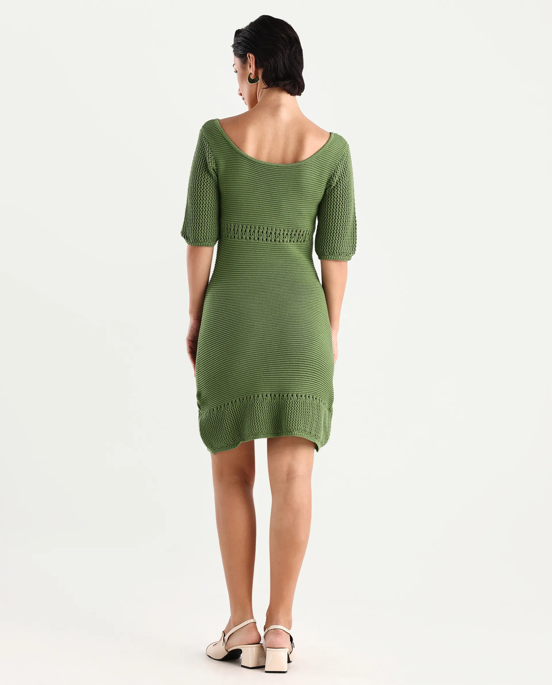 Rareism Women's Roncrod Dusky Olive Cotton Scoop Neck Plain Knee Length A-Line Dress - Image 7