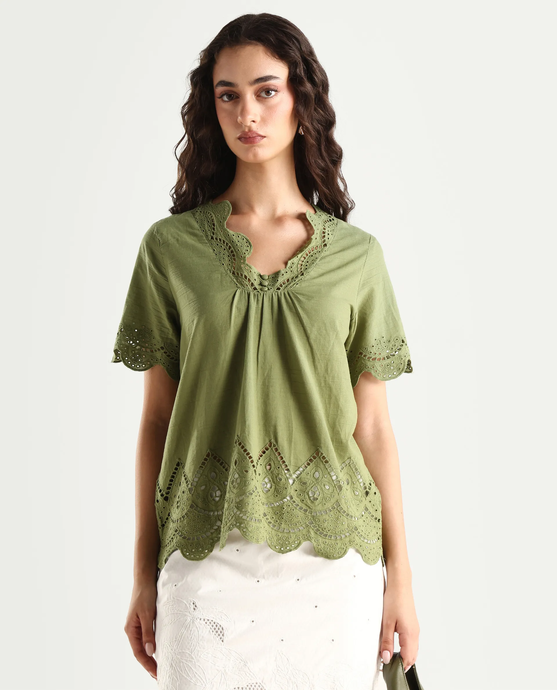 Rareism Women's Rone Green Cotton V-Neck Schiffli Regular Fit Top