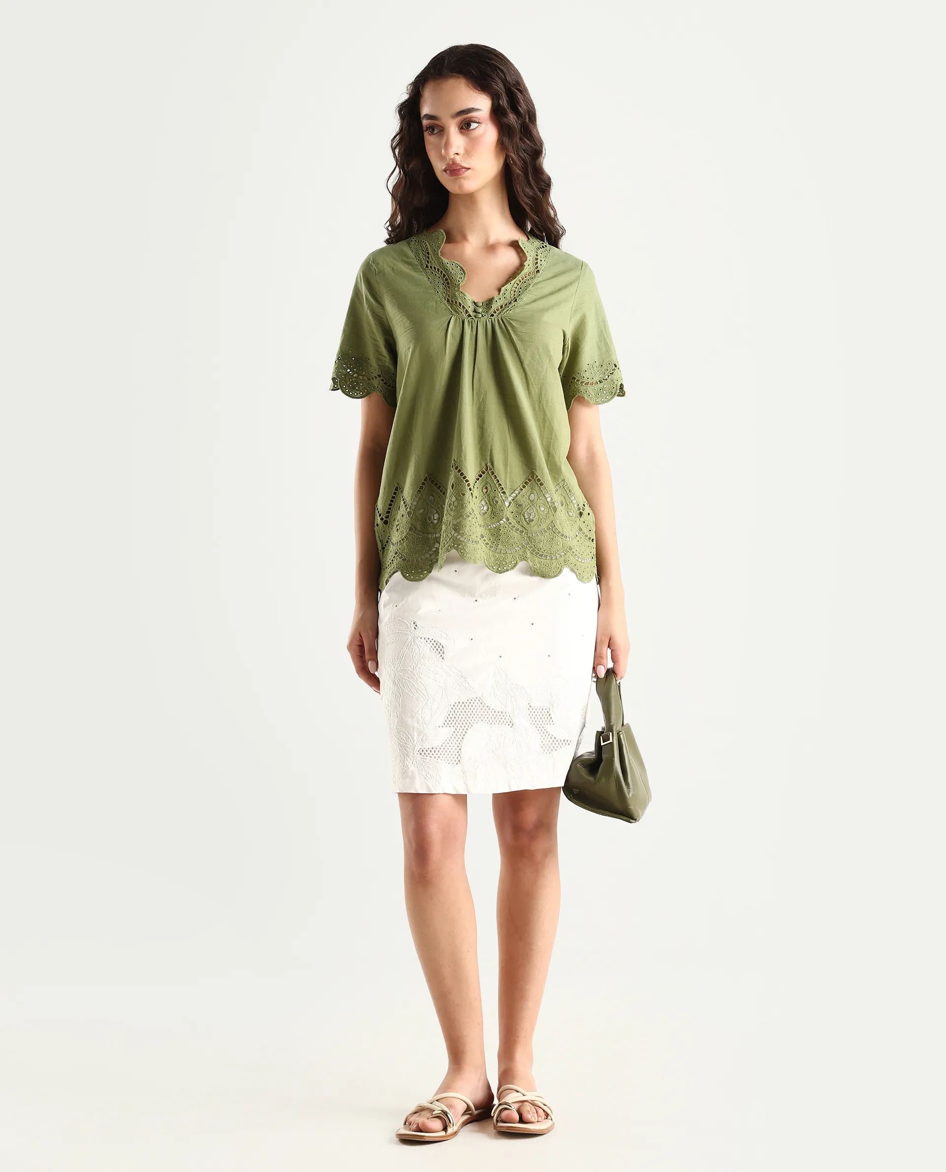 Rareism Women's Rone Green Cotton V-Neck Schiffli Regular Fit Top - Image 2