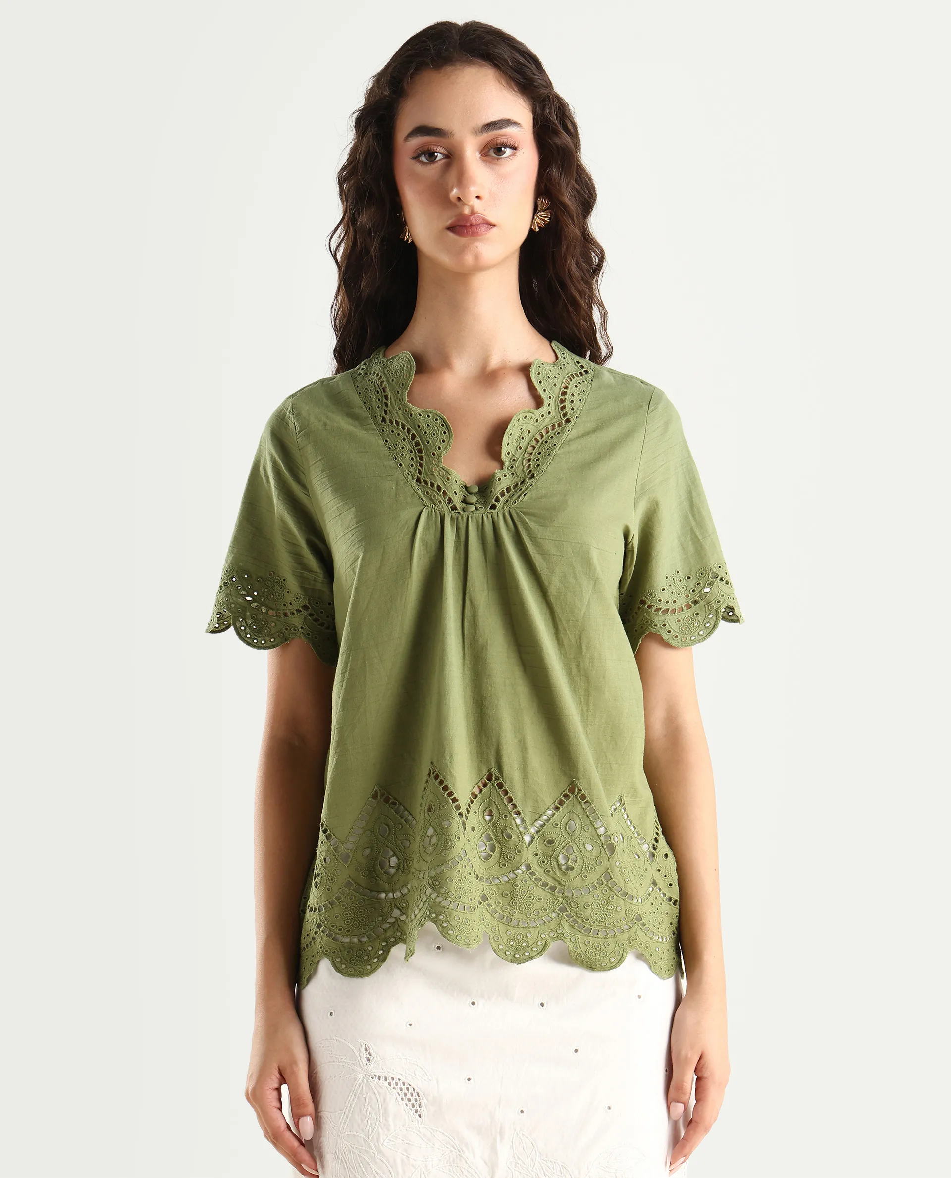 Rareism Women's Rone Green Cotton V-Neck Schiffli Regular Fit Top - Image 3