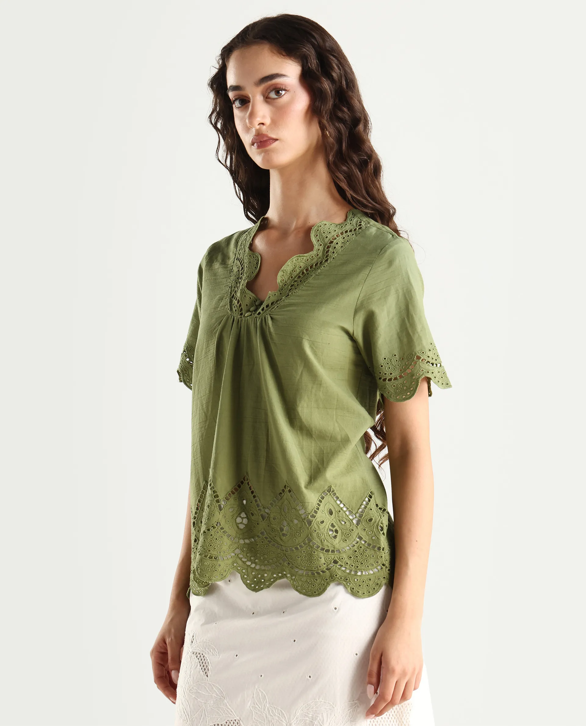 Rareism Women's Rone Green Cotton V-Neck Schiffli Regular Fit Top - Image 4
