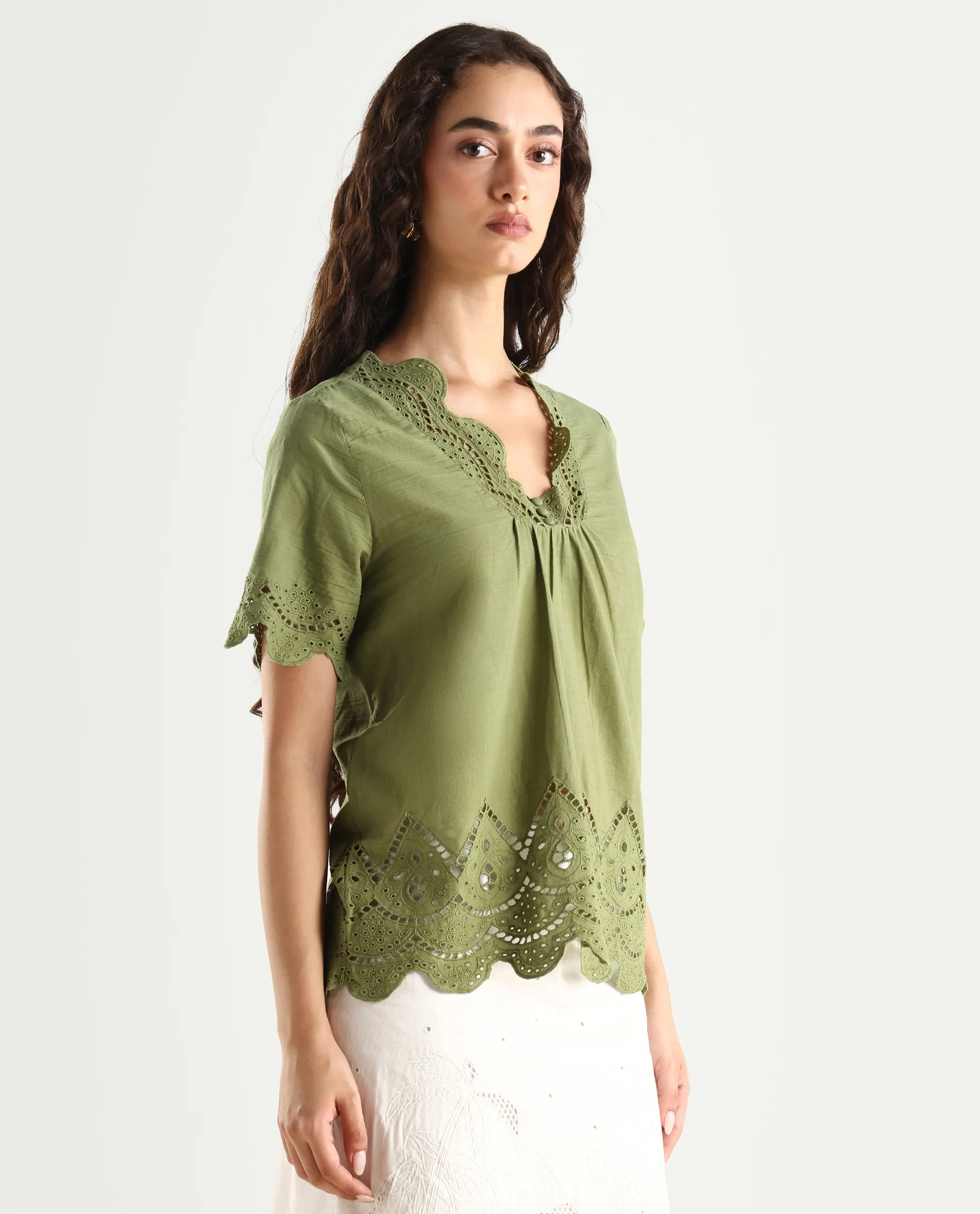 Rareism Women's Rone Green Cotton V-Neck Schiffli Regular Fit Top - Image 5