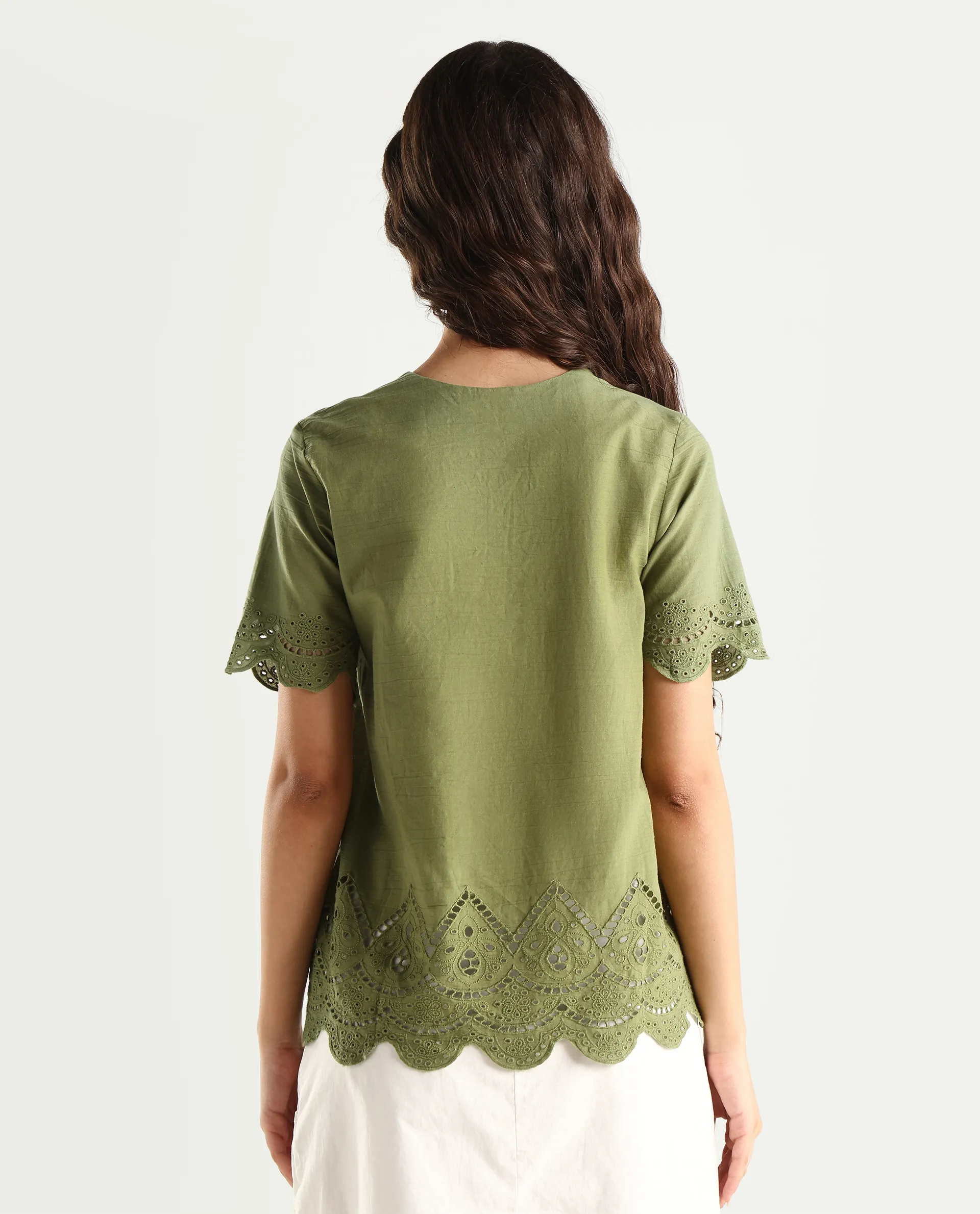 Rareism Women's Rone Green Cotton V-Neck Schiffli Regular Fit Top - Image 6