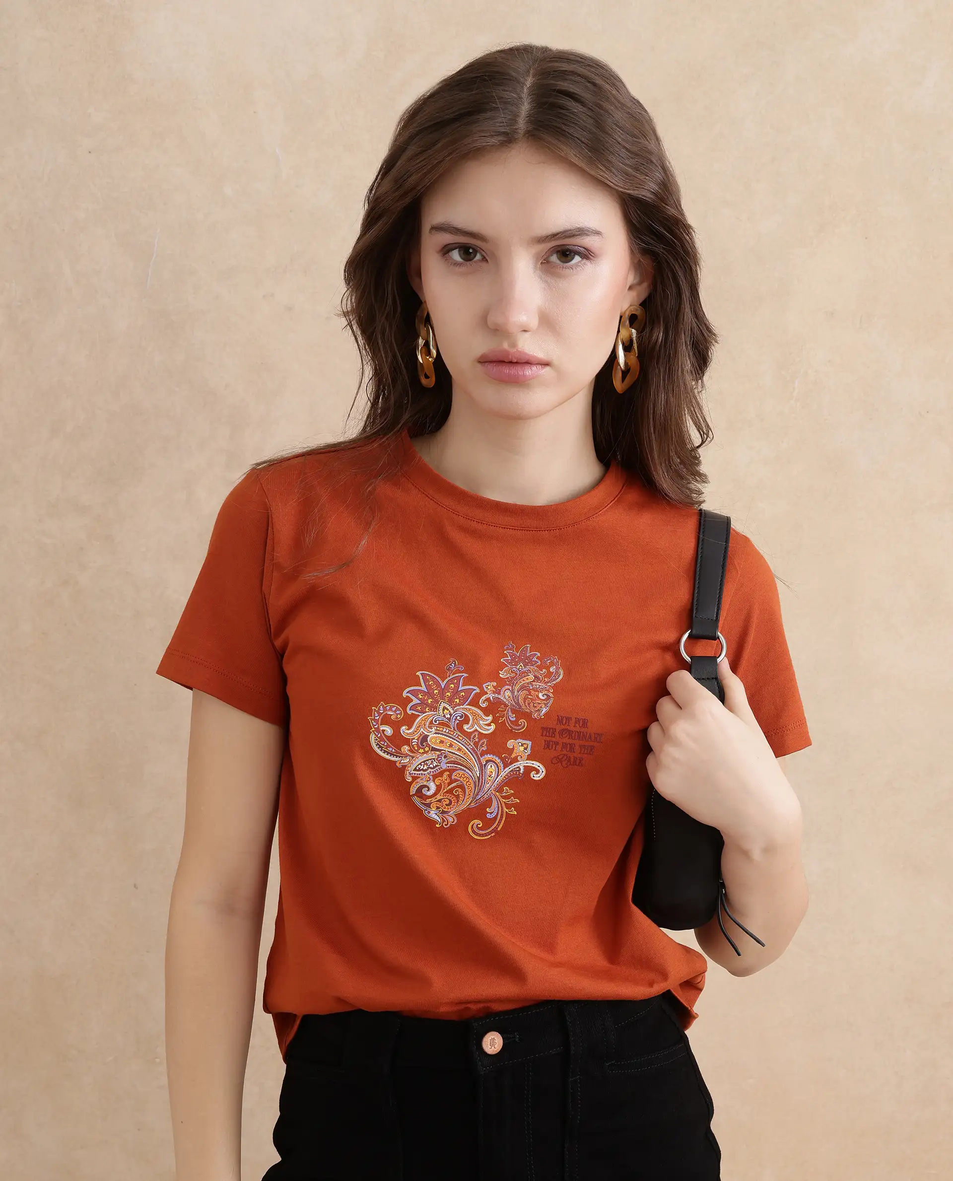 Rareism Women's Ronelp Rust Cotton Round Neck Paisley Print Regular Fit T-Shirt