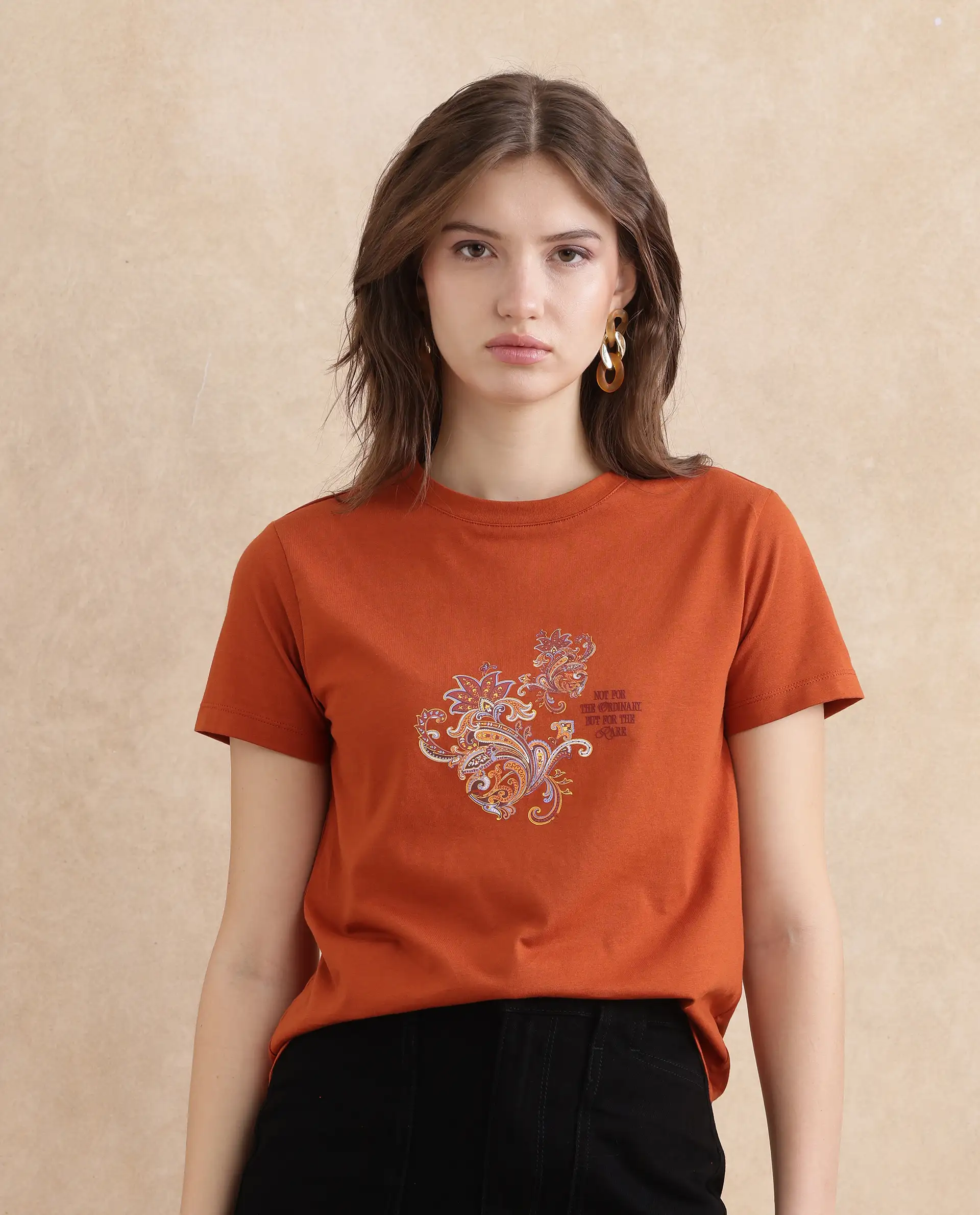 Rareism Women's Ronelp Rust Cotton Round Neck Paisley Print Regular Fit T-Shirt - Image 2