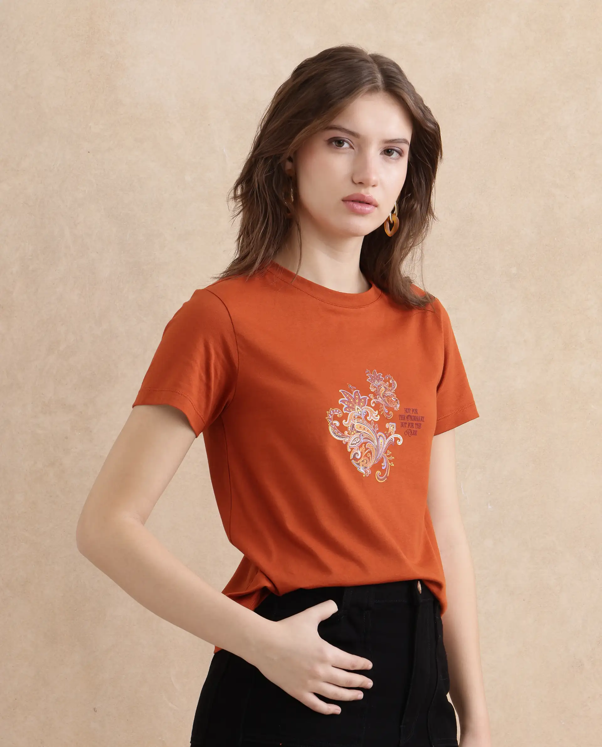Rareism Women's Ronelp Rust Cotton Round Neck Paisley Print Regular Fit T-Shirt - Image 3