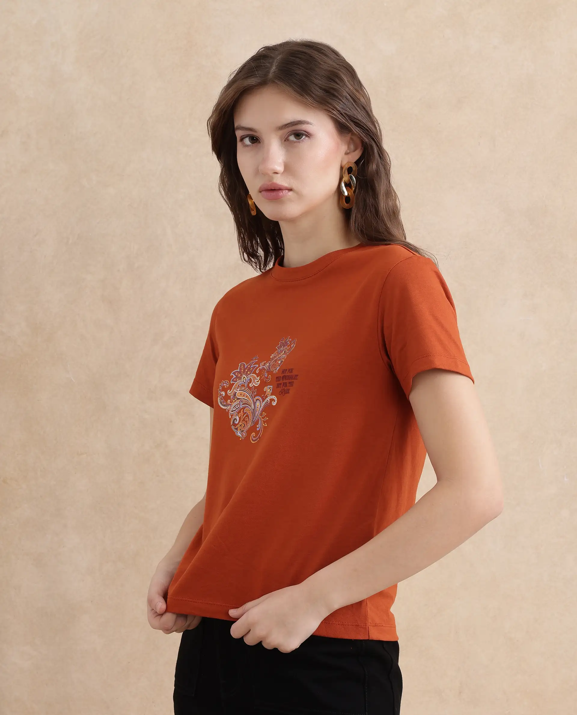 Rareism Women's Ronelp Rust Cotton Round Neck Paisley Print Regular Fit T-Shirt - Image 4