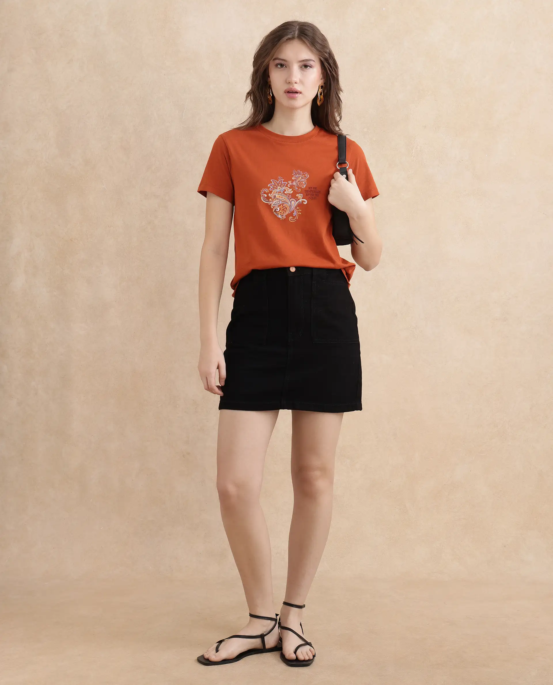 Rareism Women's Ronelp Rust Cotton Round Neck Paisley Print Regular Fit T-Shirt - Image 6
