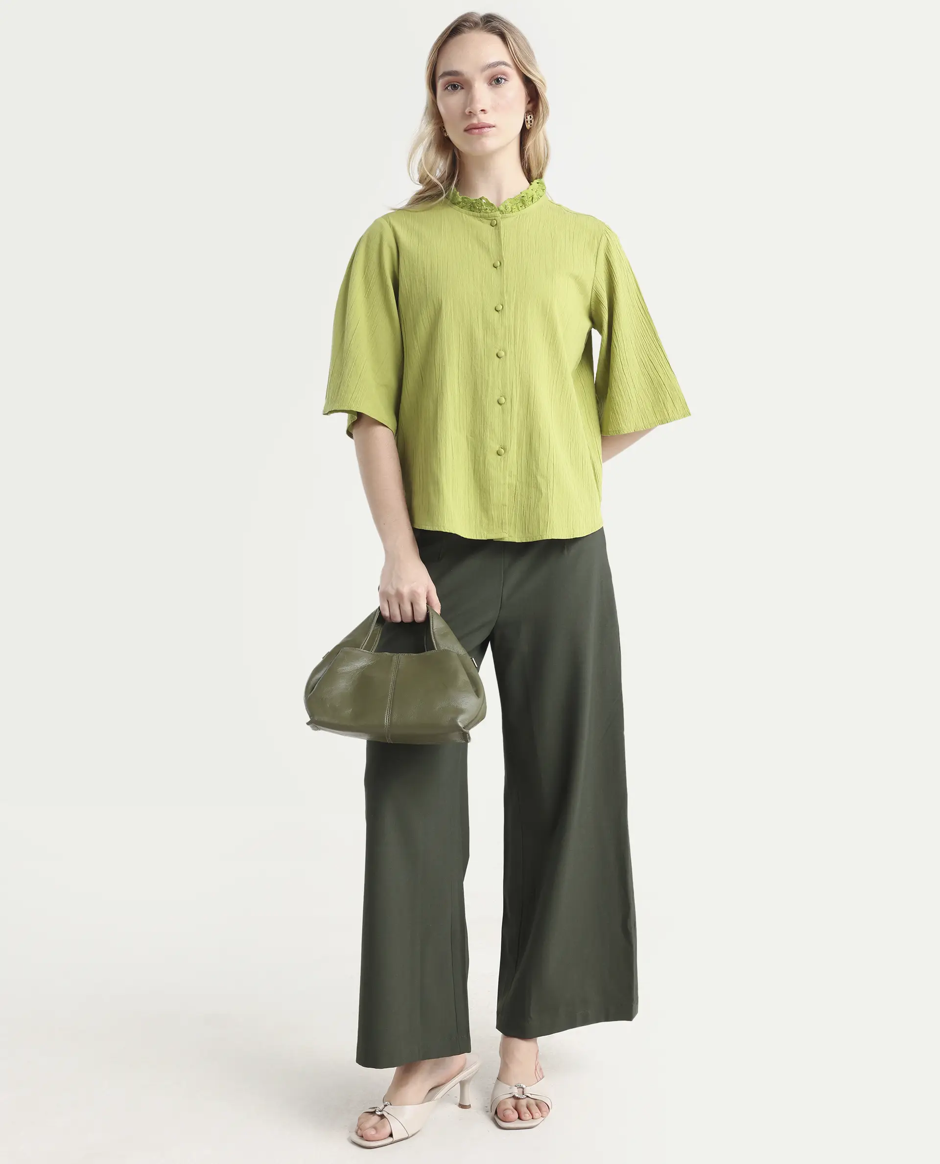 Rareism Women's Ronelpa Light Olive Cotton Round Neck Plain Bell Sleeve Regular Fit Top - Image 2