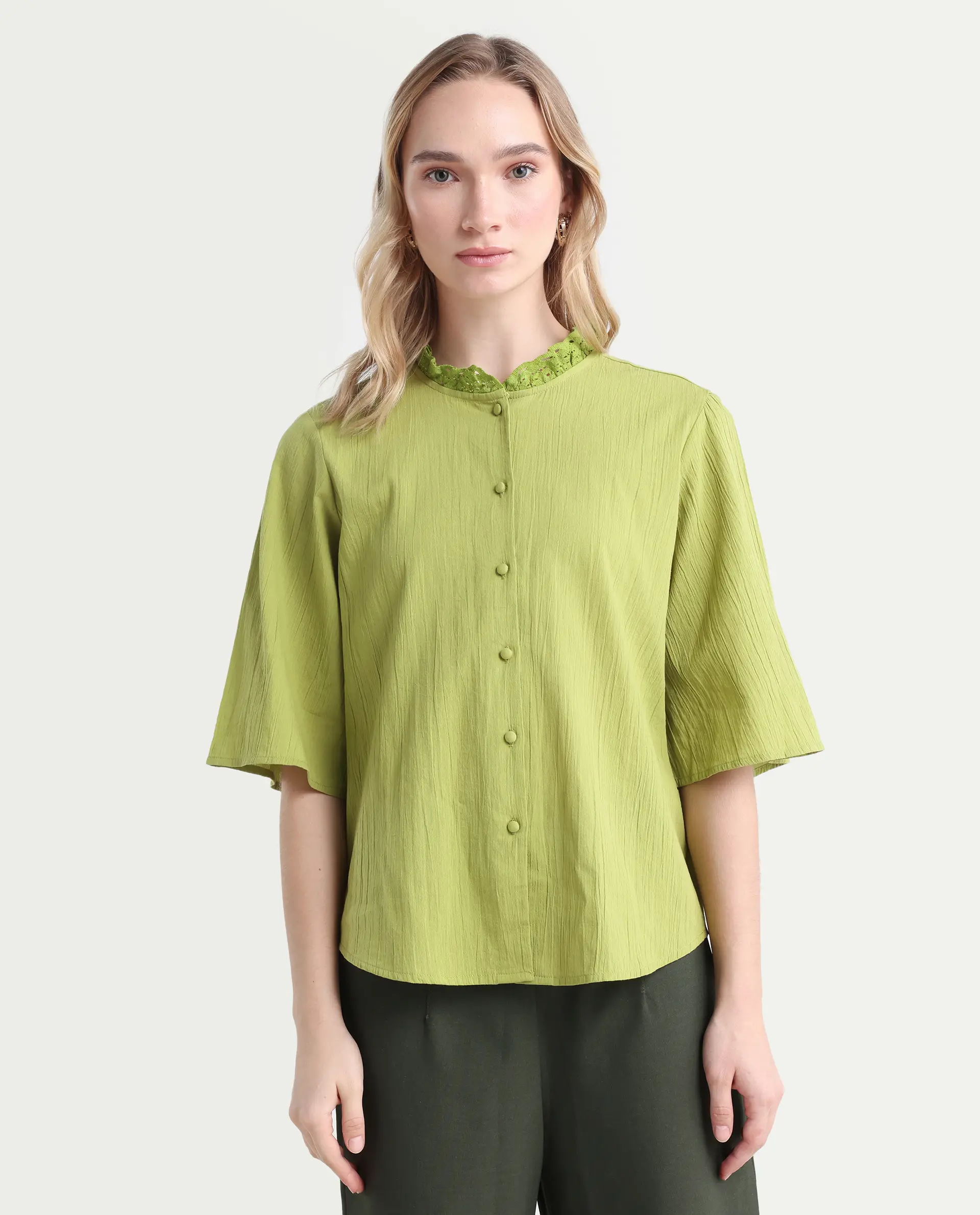 Rareism Women's Ronelpa Light Olive Cotton Round Neck Plain Bell Sleeve Regular Fit Top - Image 3