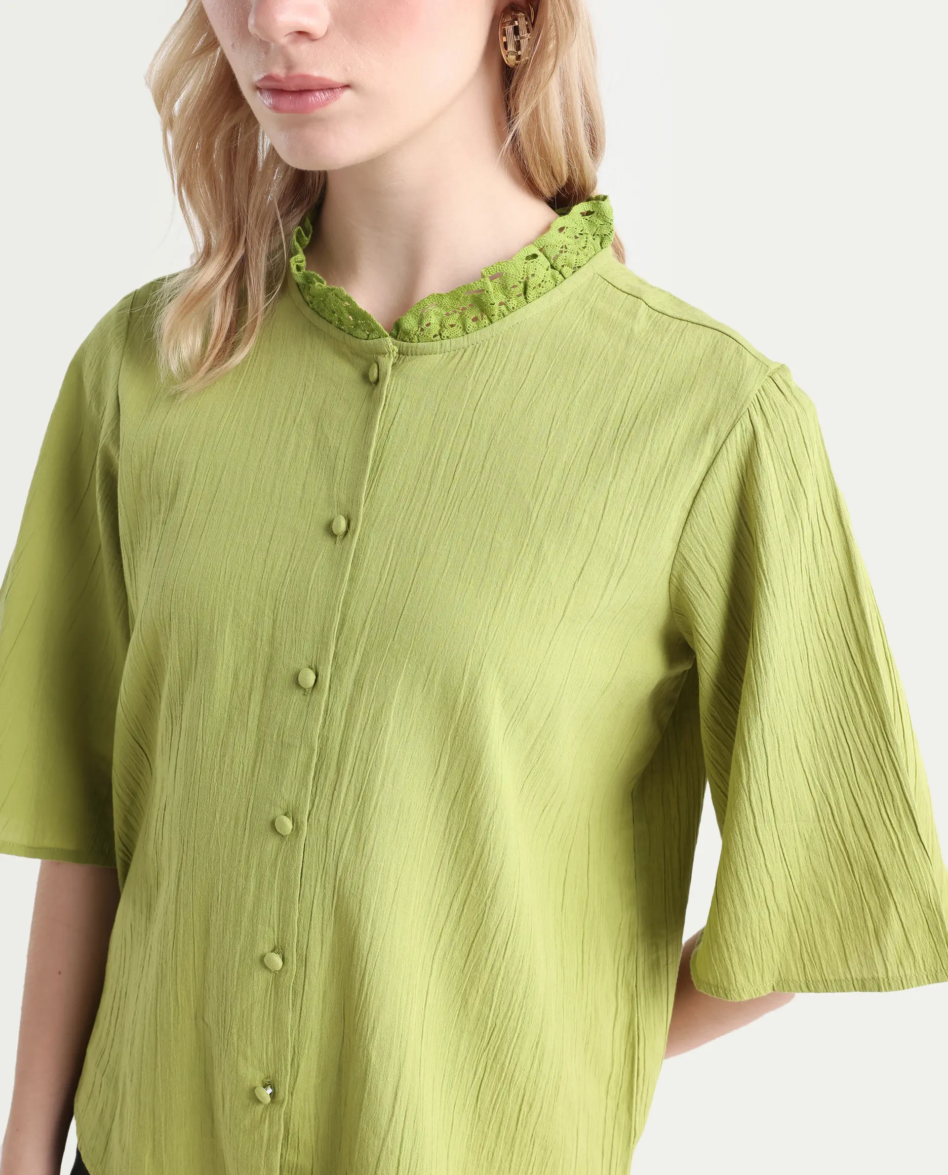Rareism Women's Ronelpa Light Olive Cotton Round Neck Plain Bell Sleeve Regular Fit Top - Image 4